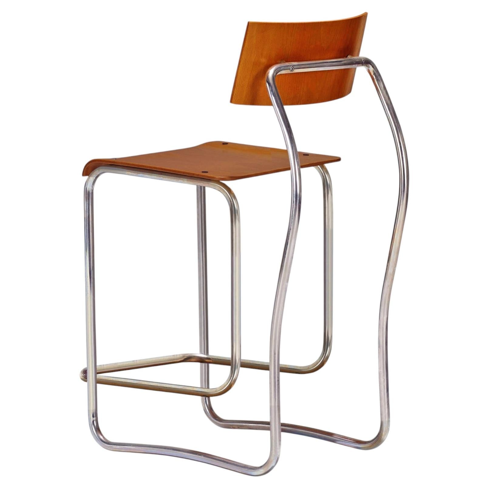 Chrome-Plated Tubular Steel Bar Stool, Handcrafted Stained Molded Wood, Bespoke For Sale