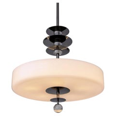 Modernist Round Pendant Light, Black-Nickel Plated Brass, Opaline Glass, Bespoke