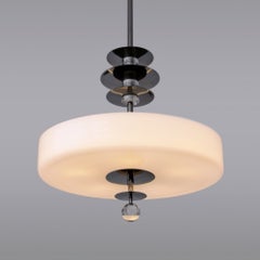 Modernist Round Pendant Light, Black-Nickel Plated Brass, Opaline Glass, Bespoke