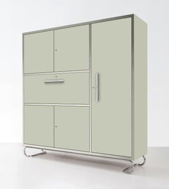 Secrétaire de bureau, acier chromé, bois laqué et teinté, personnalisable
