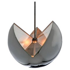 Suspension sphérique contemporaine, acier poli, verre transparent, sur mesure