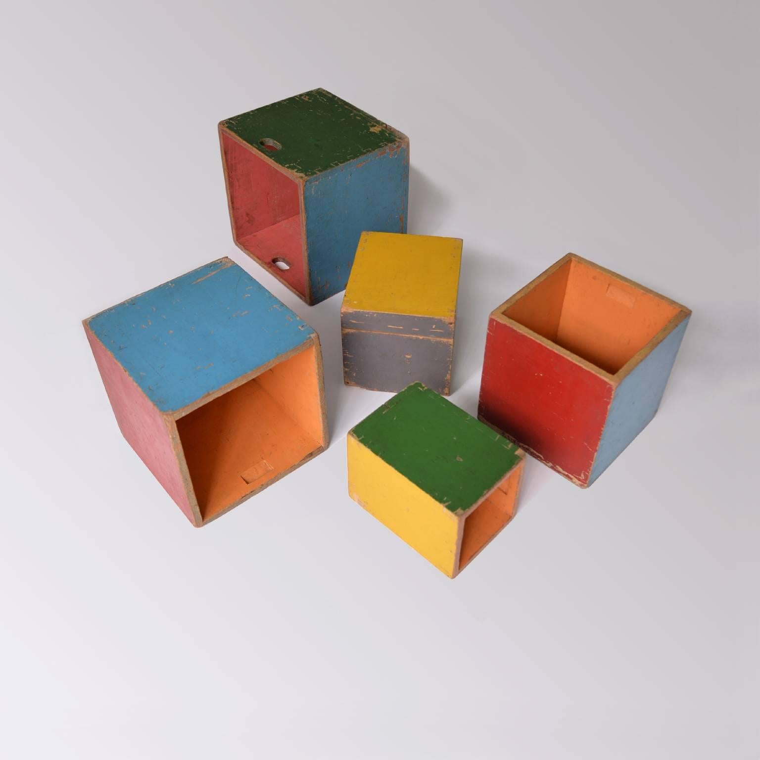 Bauhaus children's play boxes attributed to Alma Siedhoff-Buscher and executed at the carpentry workshop of the Bauhaus school in Weimar or Dessau, circa 1925.
