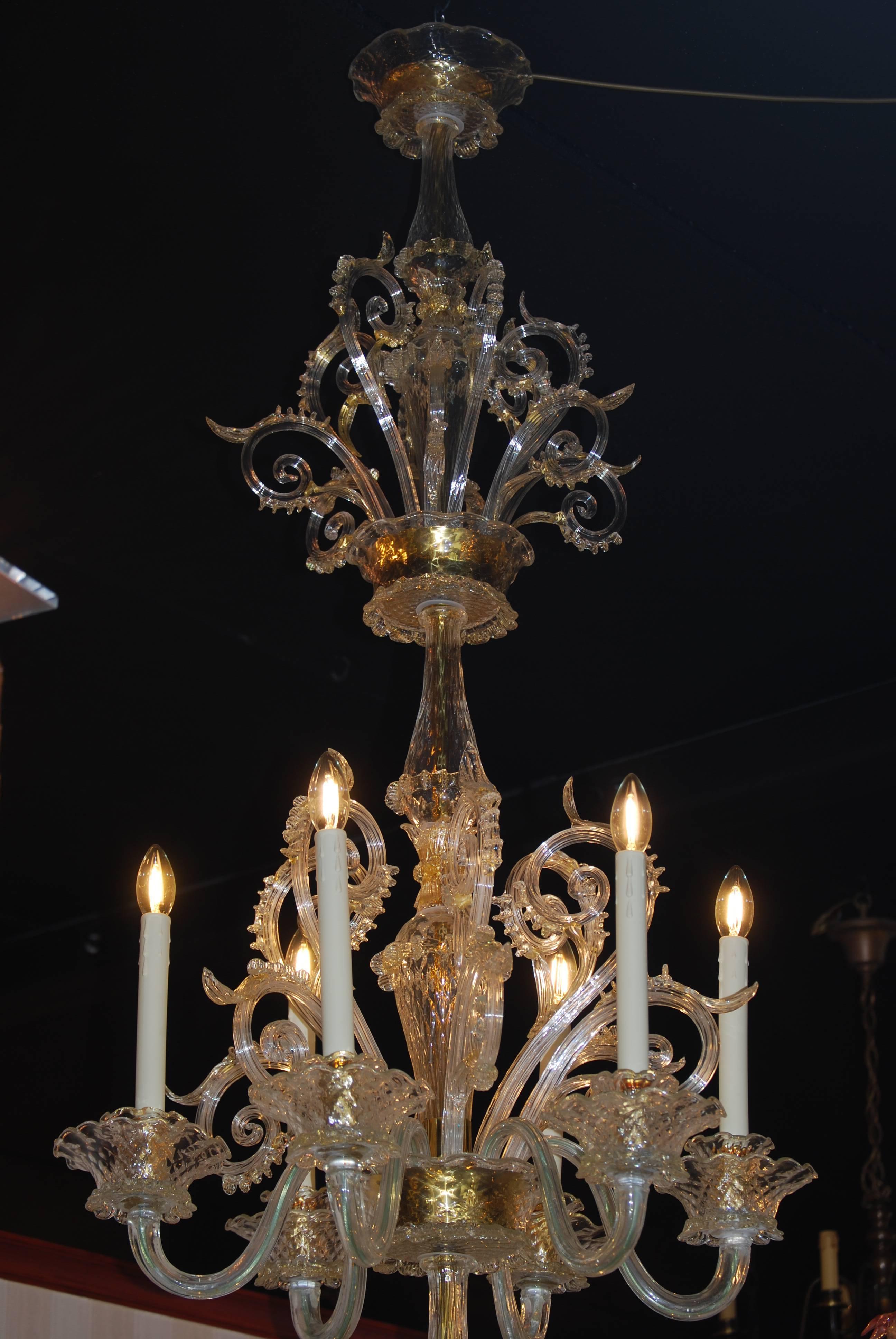 Italian Pair of Murano Chandeliers  Late 19th Century  with 24-Karat Gold Decoration For Sale