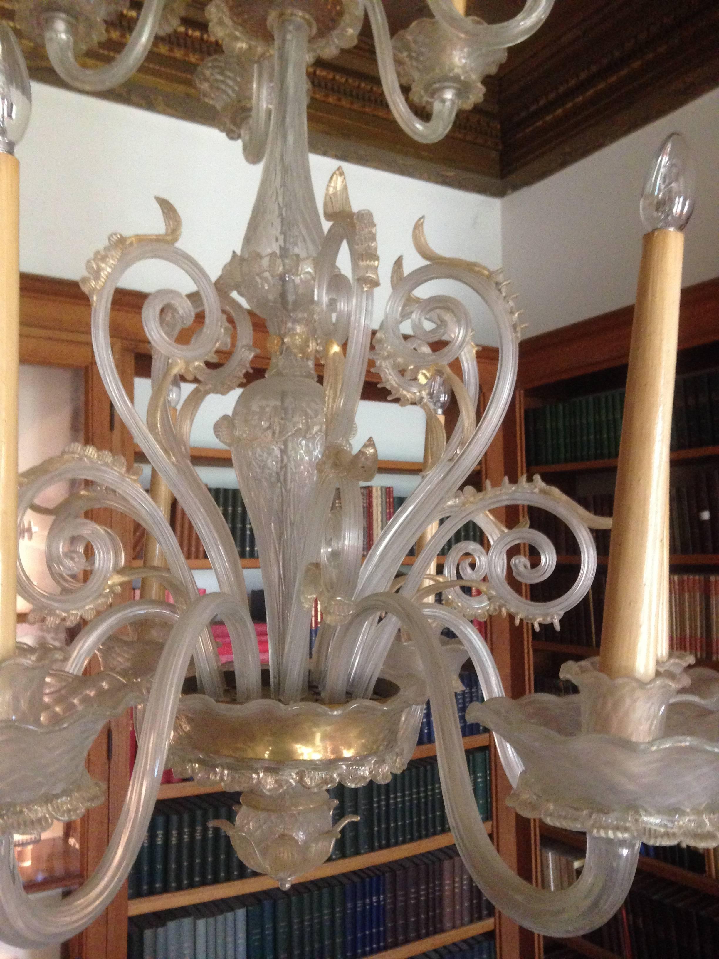 Pair of Murano Chandeliers  Late 19th Century  with 24-Karat Gold Decoration For Sale 2