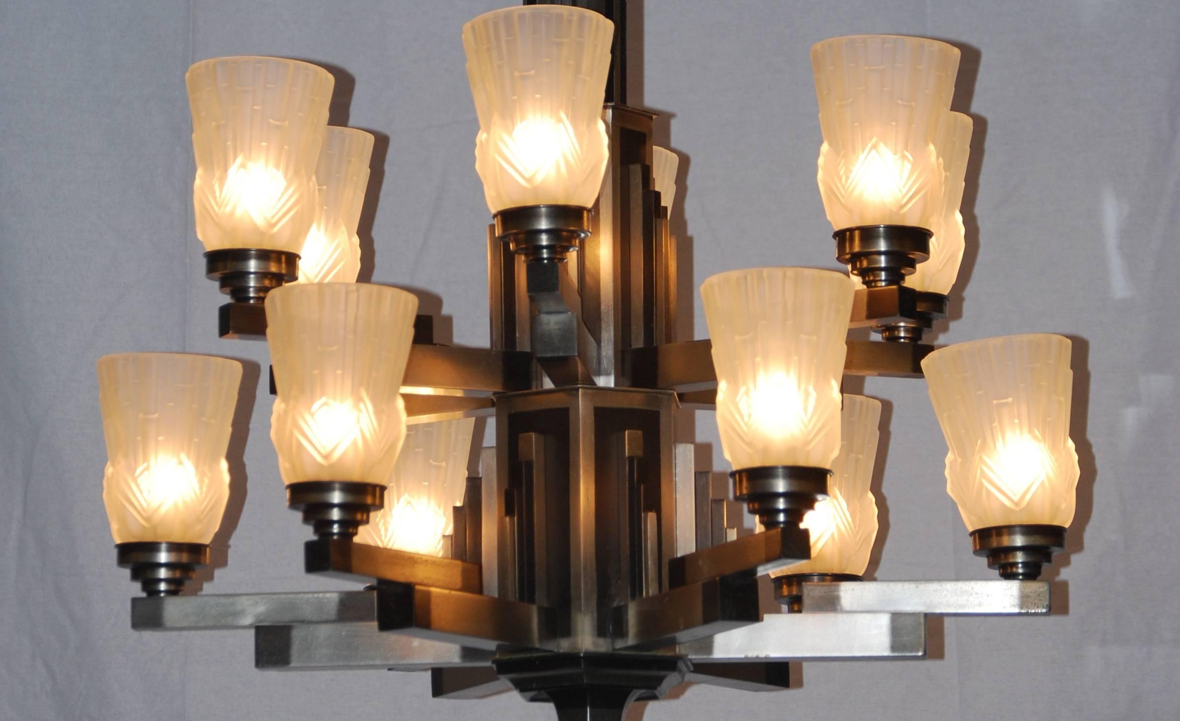 Art Glass 20th Century Cubist Art Deco Chandelier from France For Sale