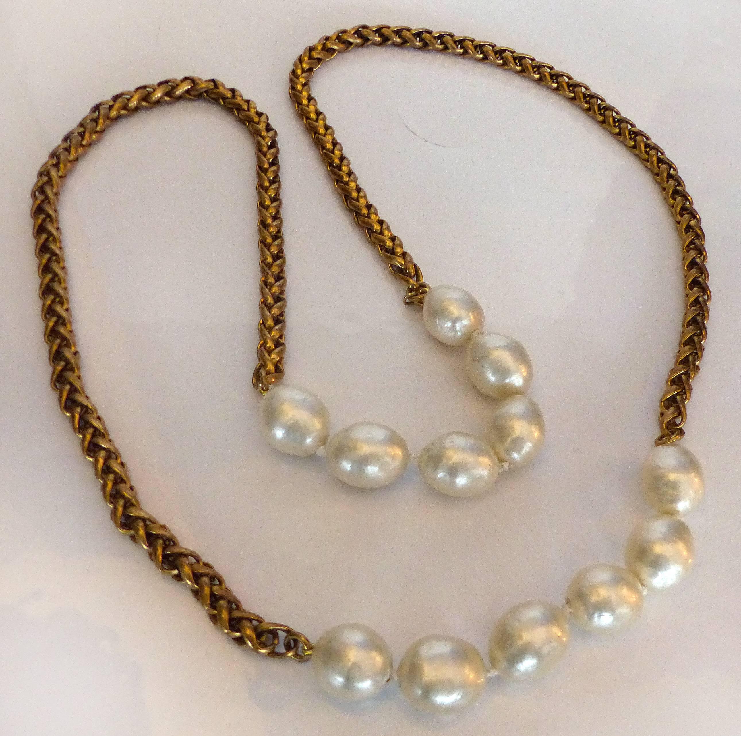 Late 20th Century Vintage Chanel Gold-Tone Necklace with Faux Pearls, 1984