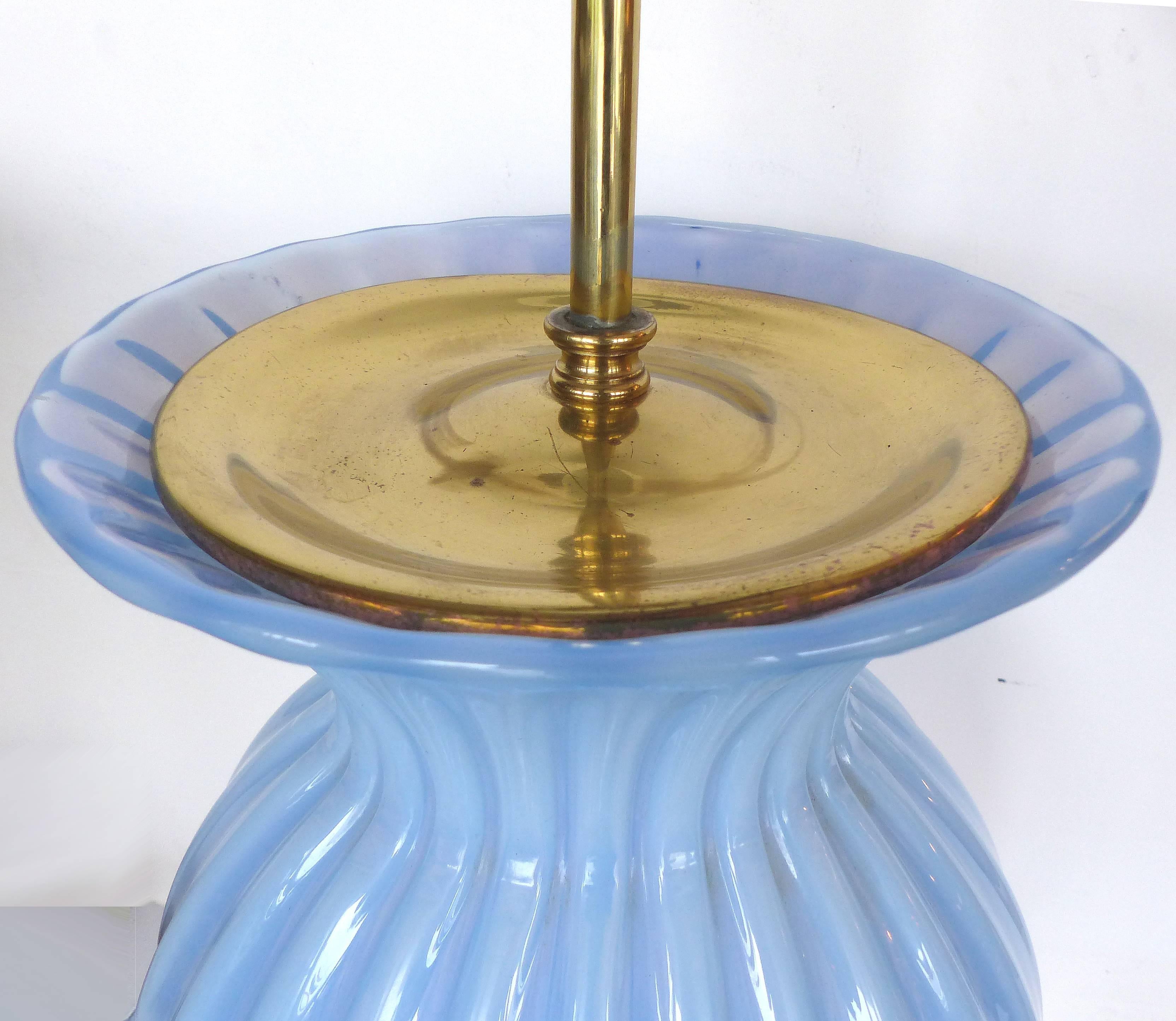 Brass Mid-Century Modern Blue Murano Glass Table Lamp by Marbro