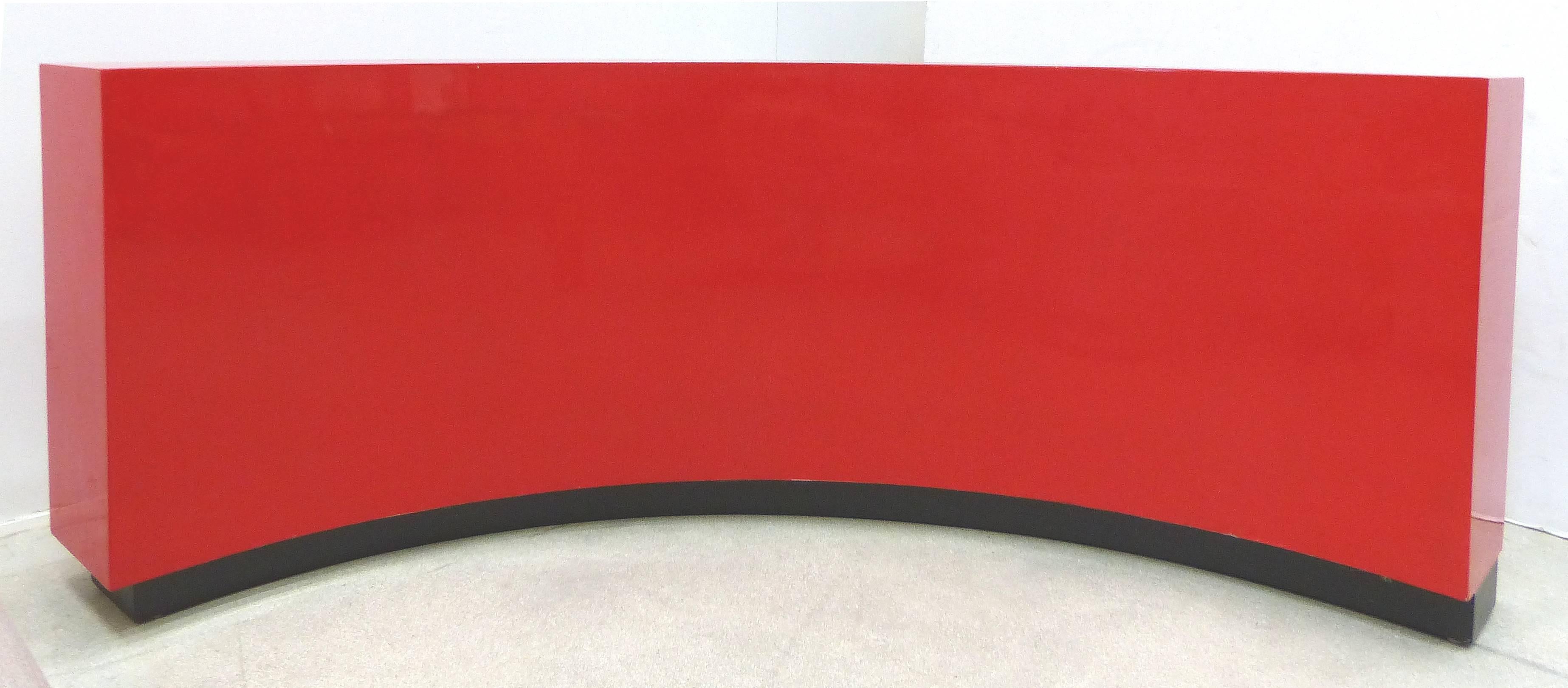 American Art Deco Curved Red Lacquer Bookcase by Paul Laszlo