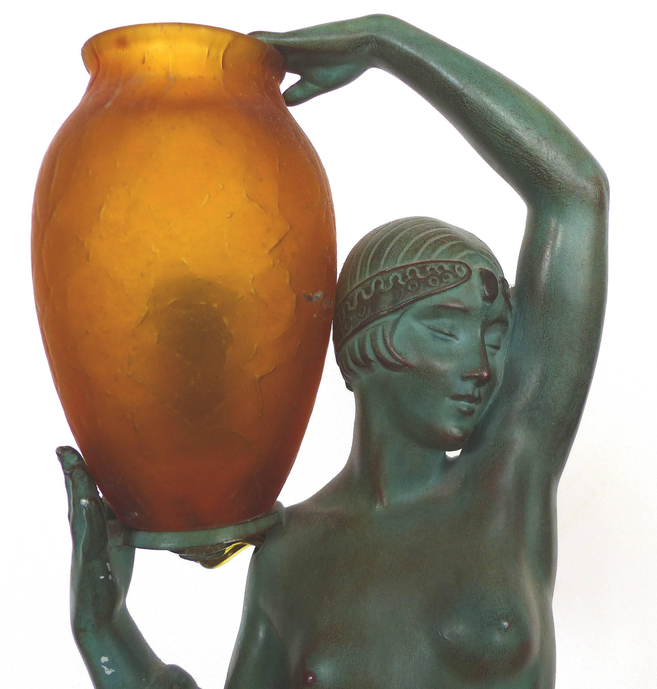 Patinated Pierre Lefaguay Daum Glass French Art Deco Lighted Sculpture
