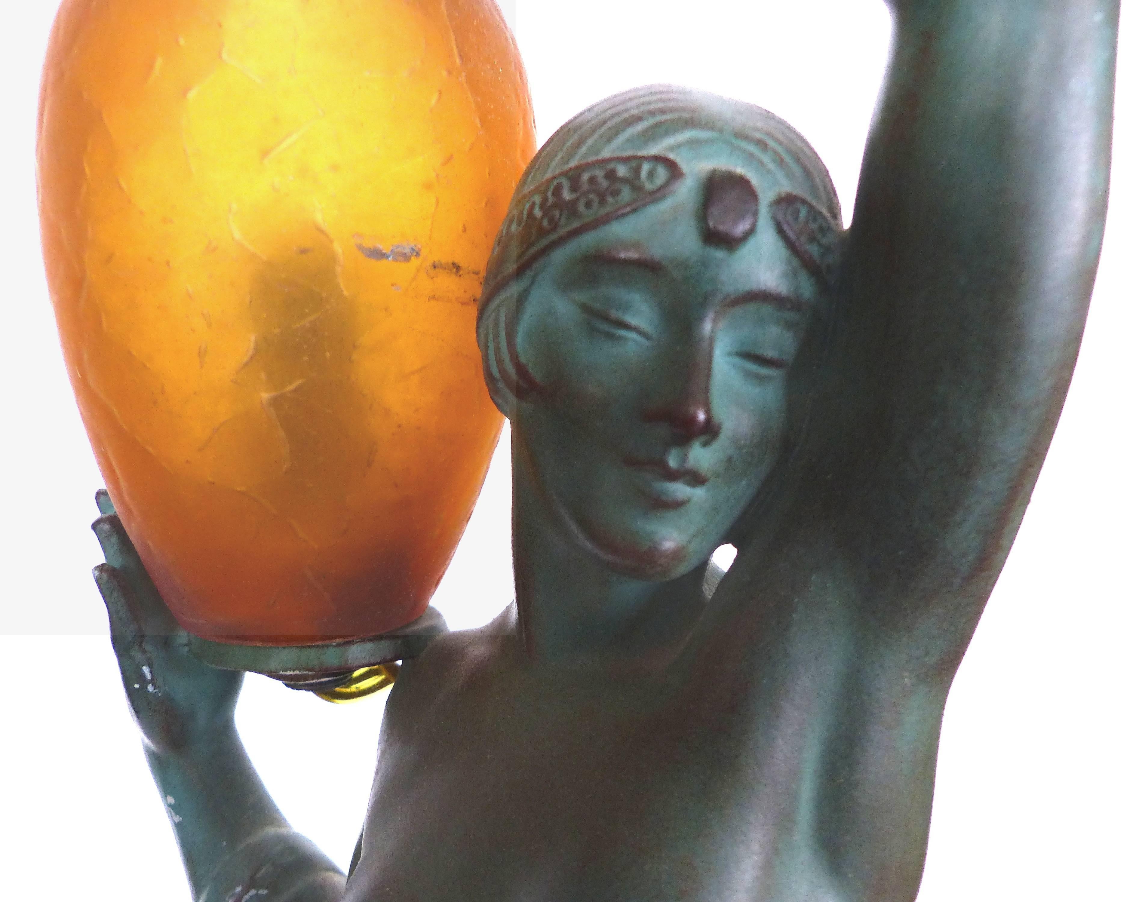 Pierre Lefaguay Daum Glass French Art Deco Lighted Sculpture

This French Art Deco illuminated metal statue was sculpted by Pierre Le Faguays (1892 – 1935) and cast by the LeVerre foundry in the 1920s. The statue, named “Odalisque” depicts a young