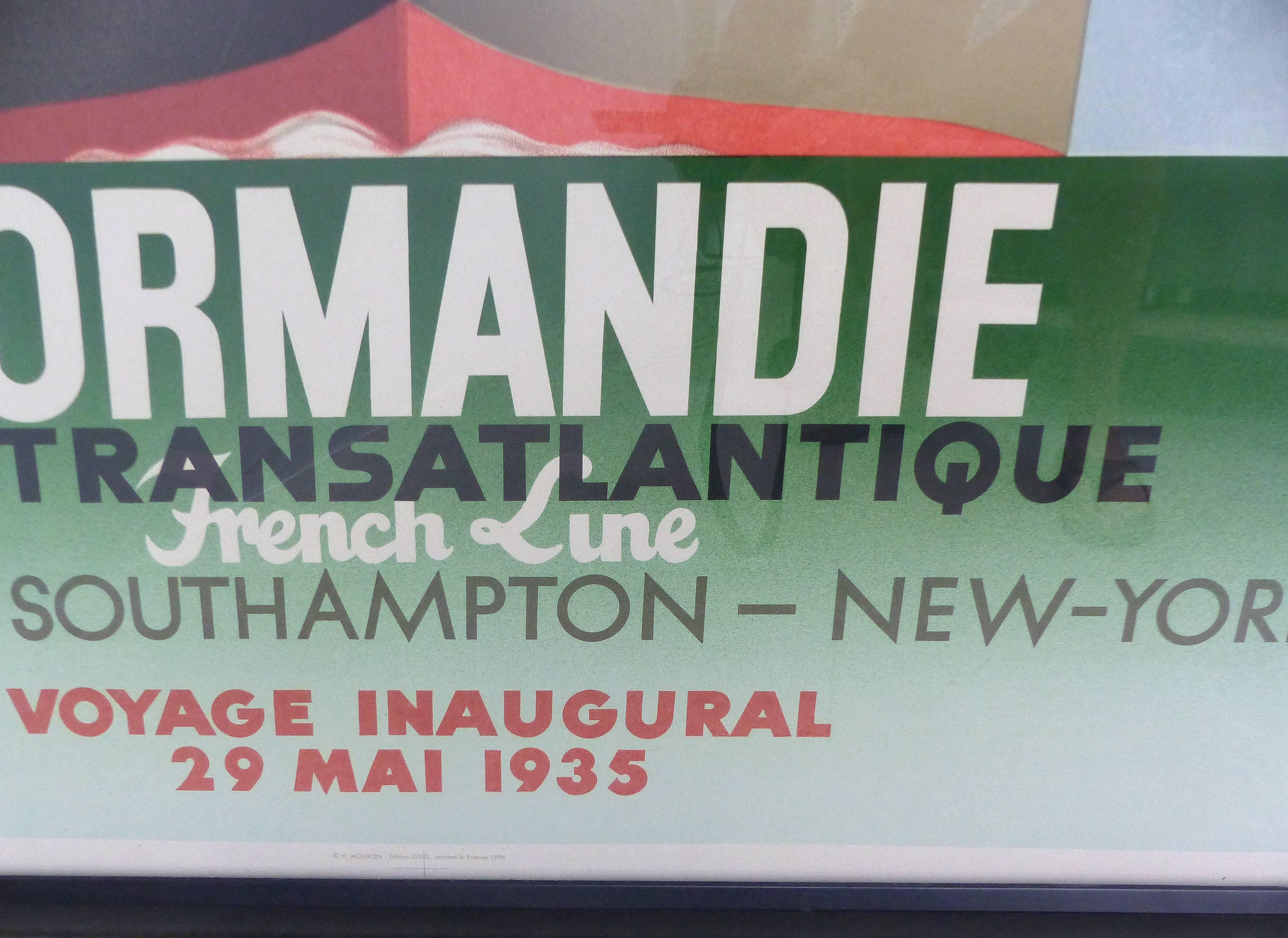 1990s French Normadie Inaugural Poster

An over-scale 1990s framed reprint of the Normandie inaugural poster originally issued in 1935. Displayed in a black wood frame under Plexiglas with a hanging wire provided.
  
 
 