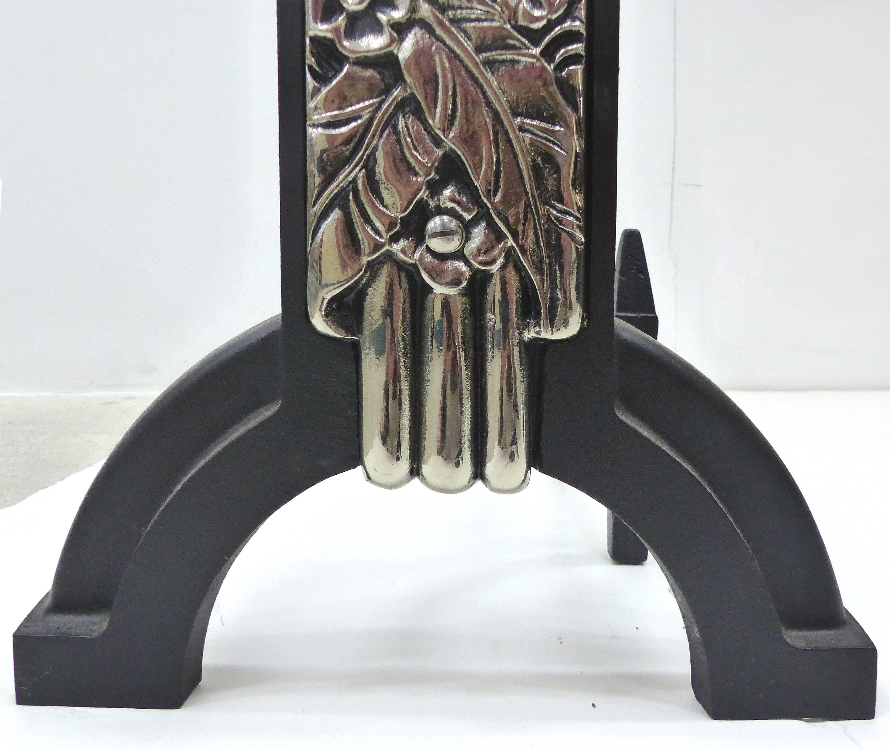 Art Deco Andirons with Iconic Chrome Floral Design Panels In Excellent Condition In Miami, FL