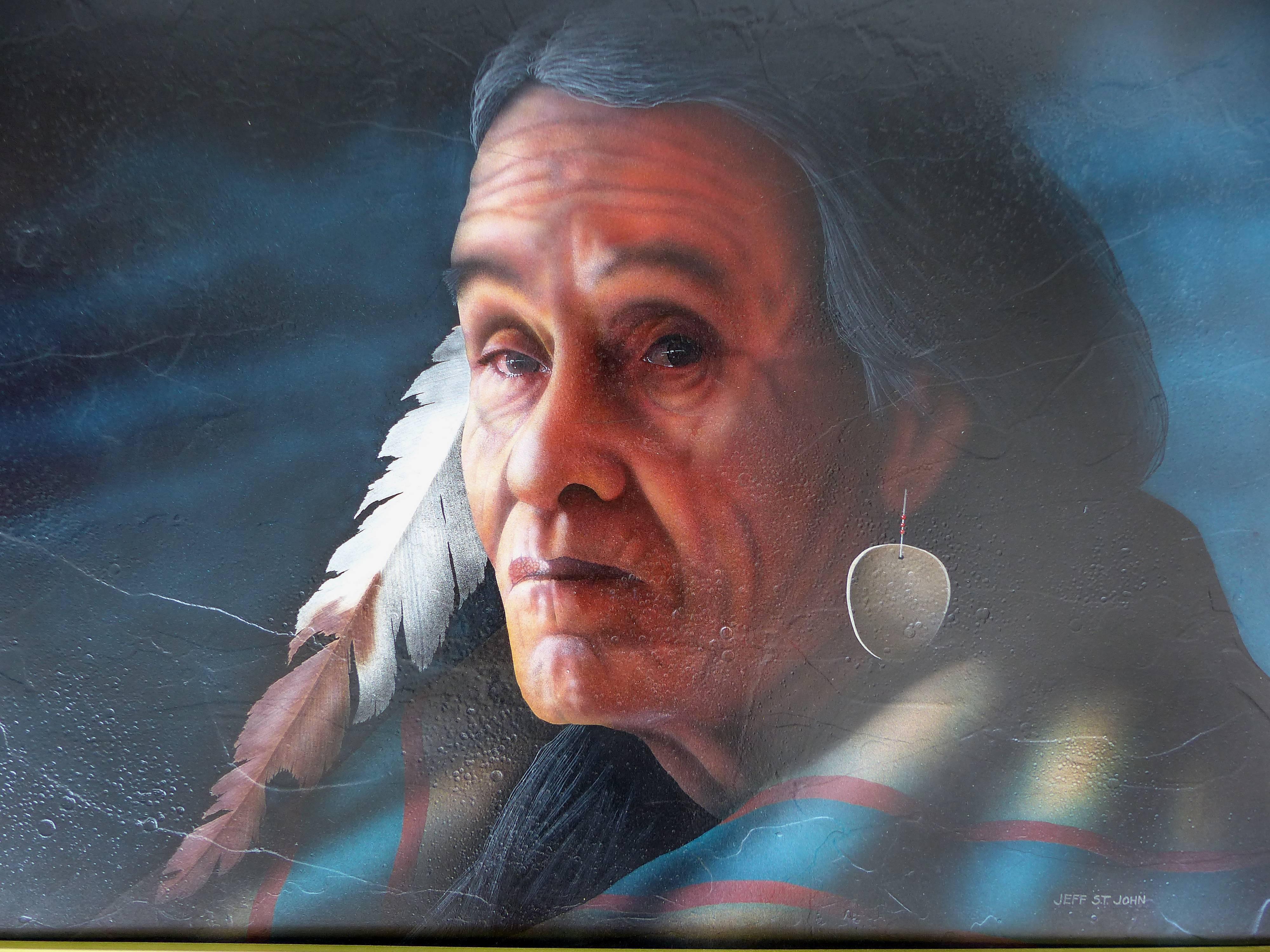 1990s Southwestern Portrait by Jeff St. John

A superb hyper-realism southwestern American Indian portrait by Jeff St.John. A fine example of the southwestern artist's photo-realism techniques. Signed Jeff St. John lower right. Displayed in a