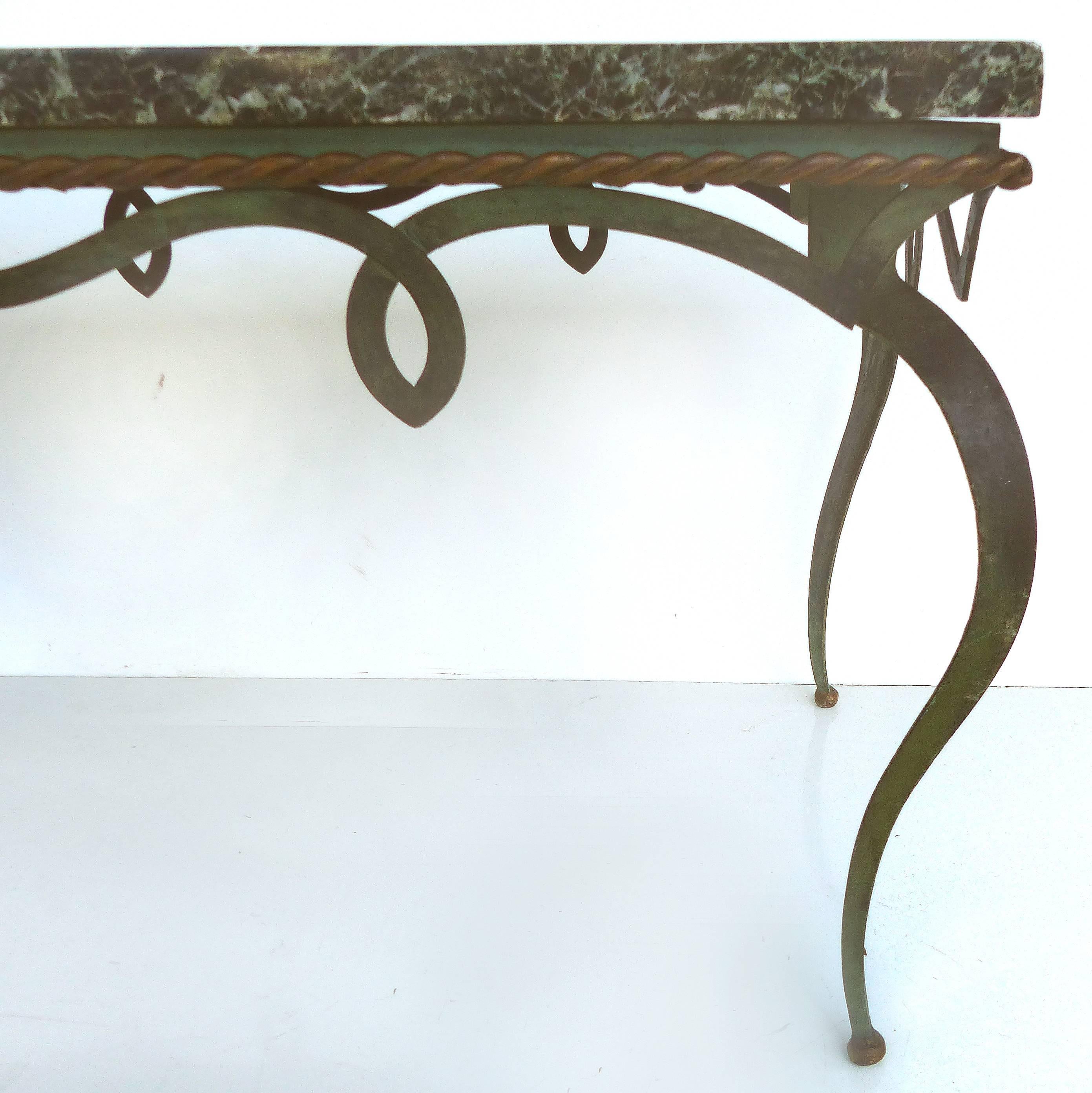 Sinuous Mid-Century Forged Iron Coffee Table Topped in Marble In Good Condition In Miami, FL