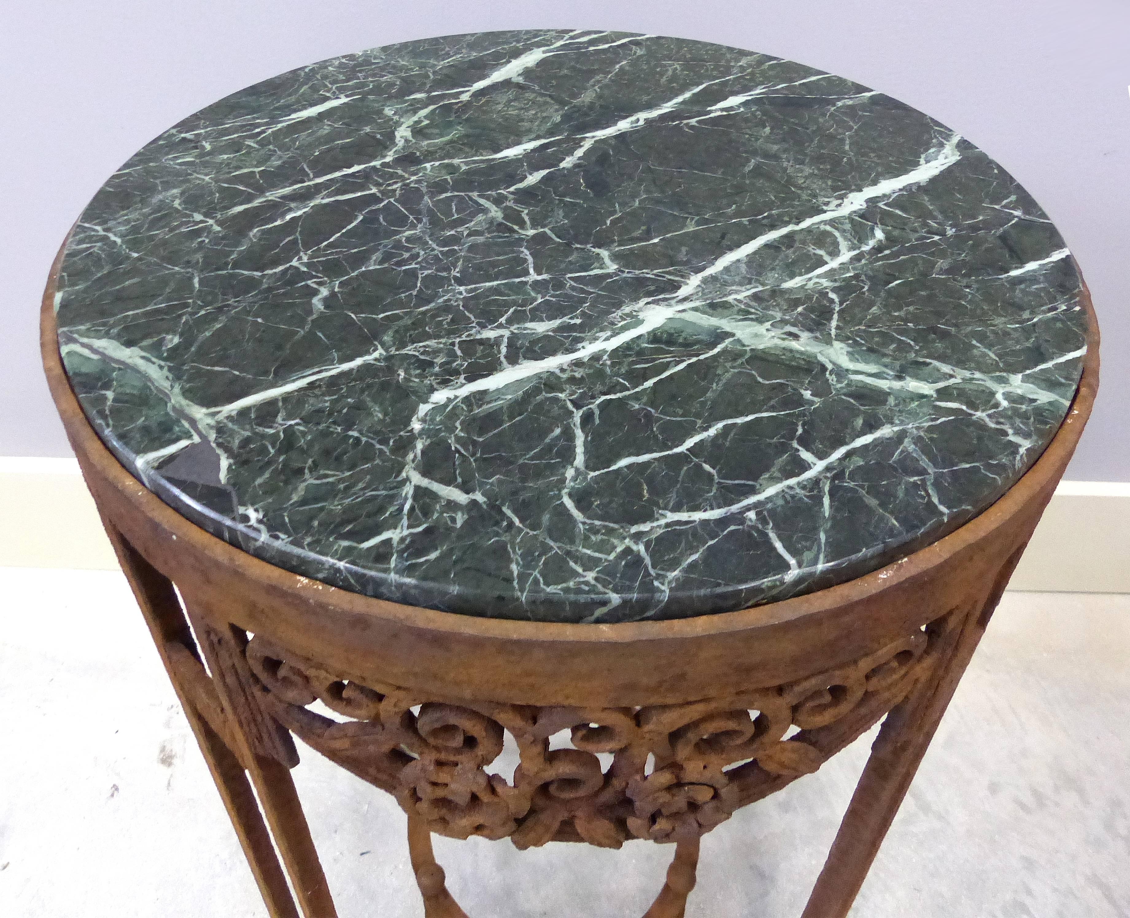 Paul Kiss French Art Deco Wrought Iron Marble Top Tables, Pair In Fair Condition In Miami, FL