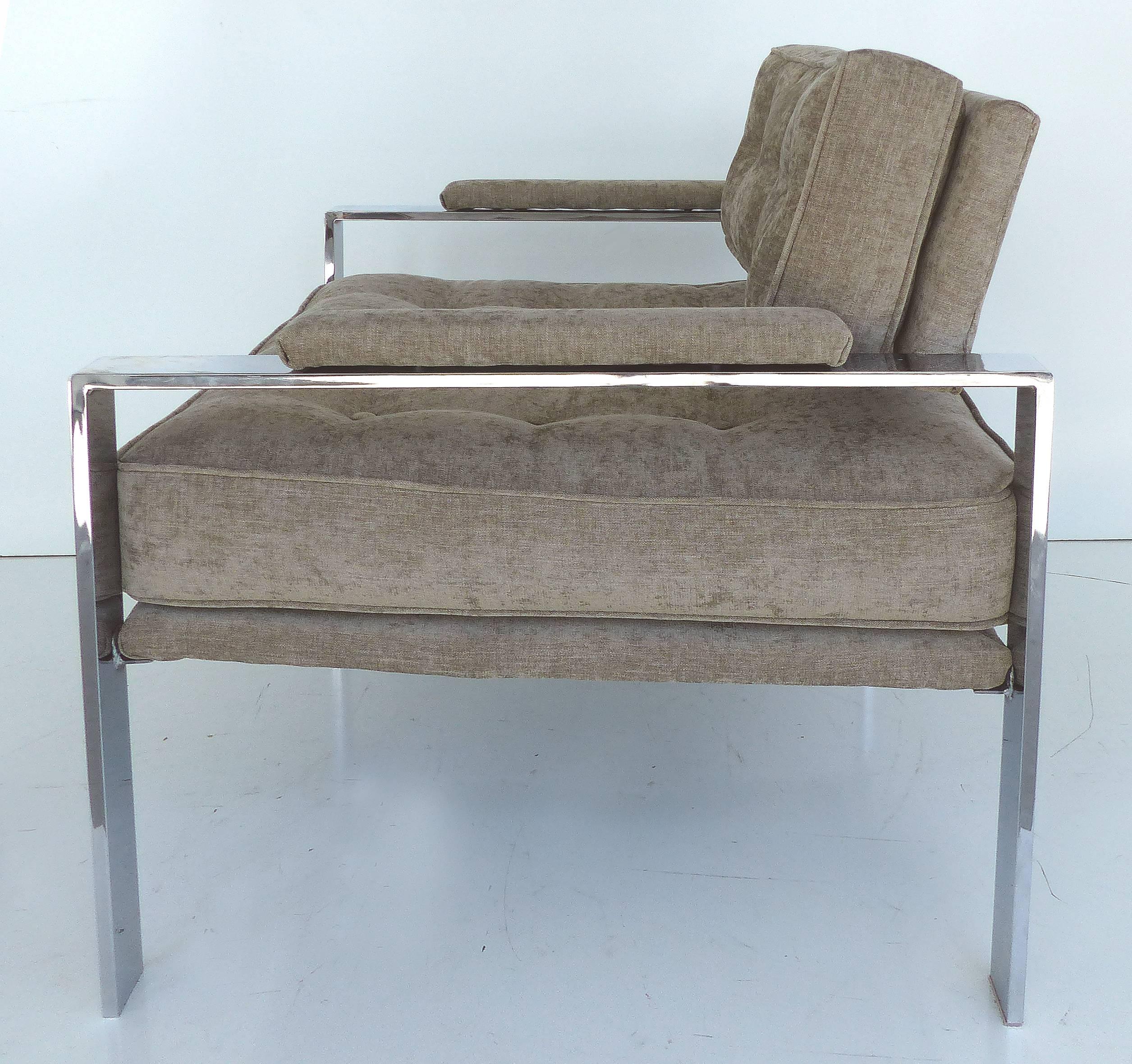Mid-Century Modern Chrome Club Chairs in the Style of Harvey Probber, Pair

Offered is a pair of Mid-Century Modern chrome club chairs created in the style of Harvey Probber newly upholstered in a close cropped chenille type fabric that is quite