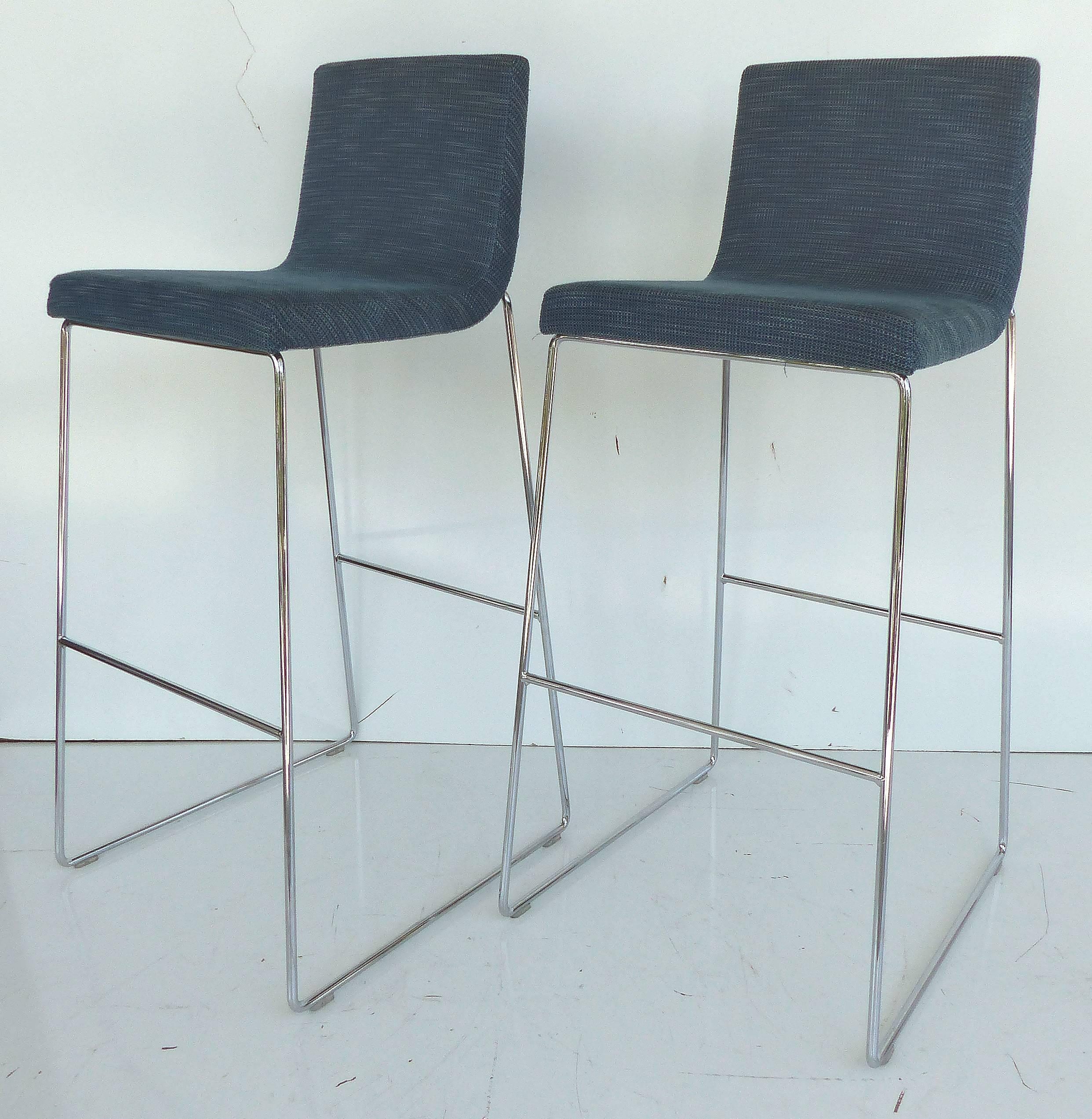 Woven Set of Five Contemporary Upholstered Bar Stools in Stainless Steel, per item