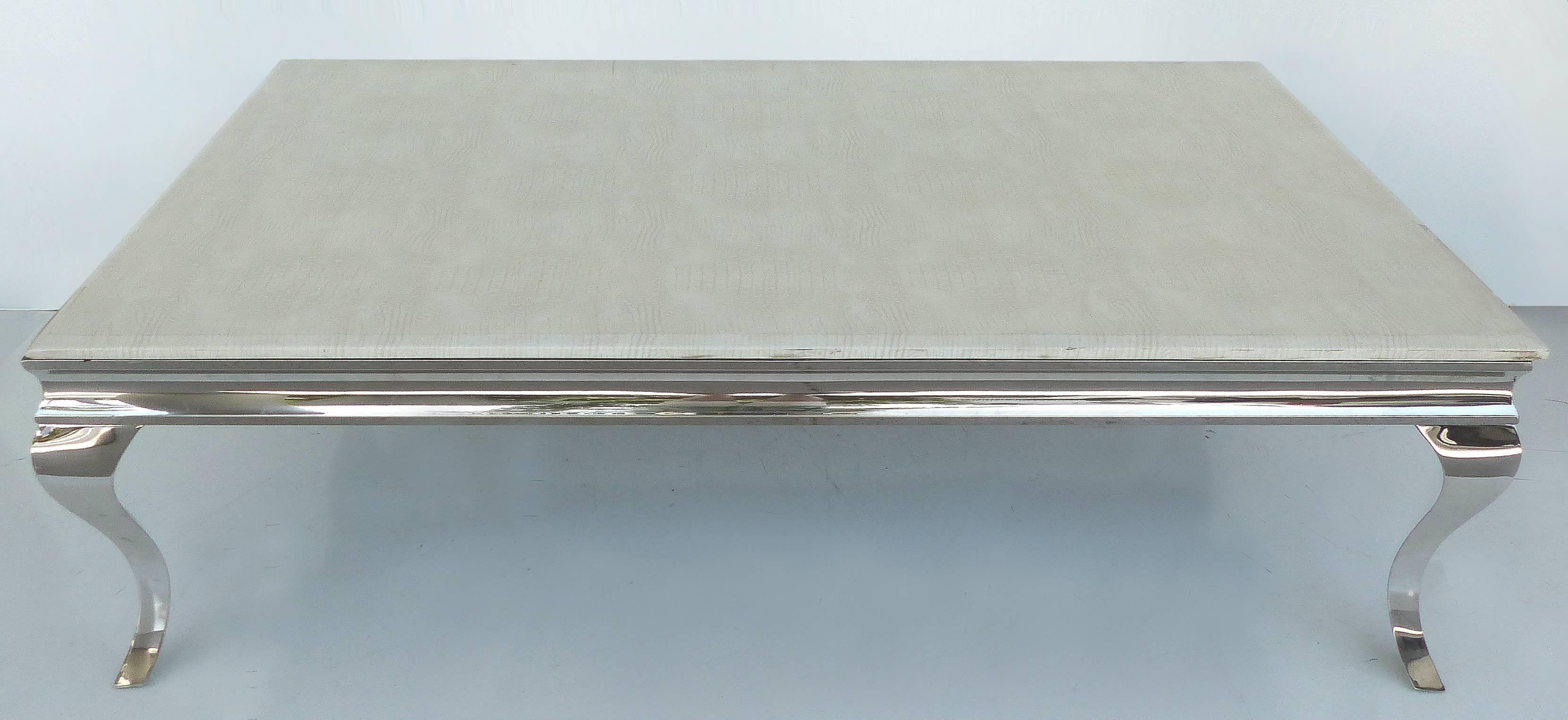 American 1980s Stainless Steel Cocktail Table with Lacquered Snakeskin Finish Marble Top