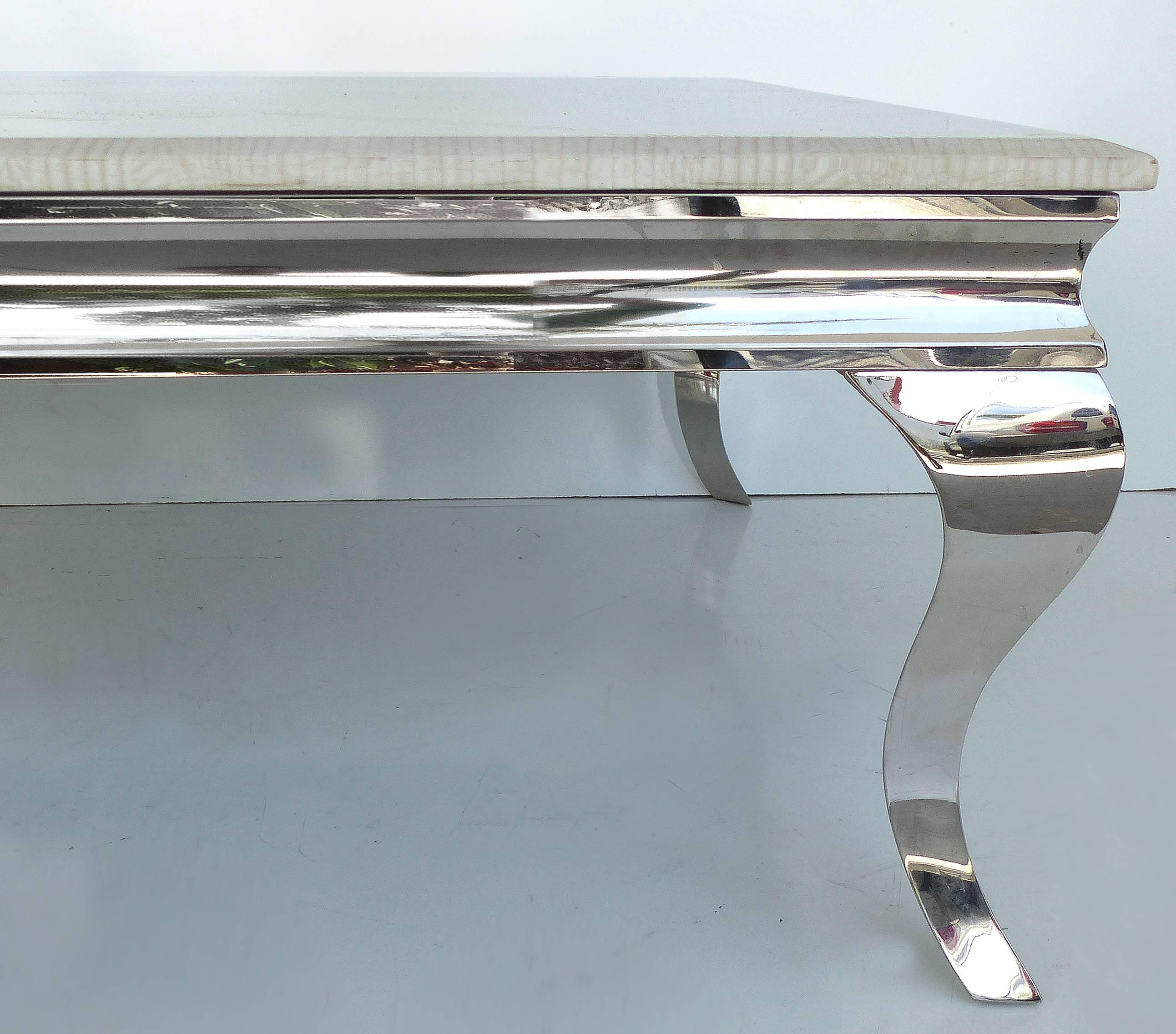 1980s Stainless Steel Cocktail Table with Lacquered Snakeskin Finish Marble Top In Good Condition In Miami, FL