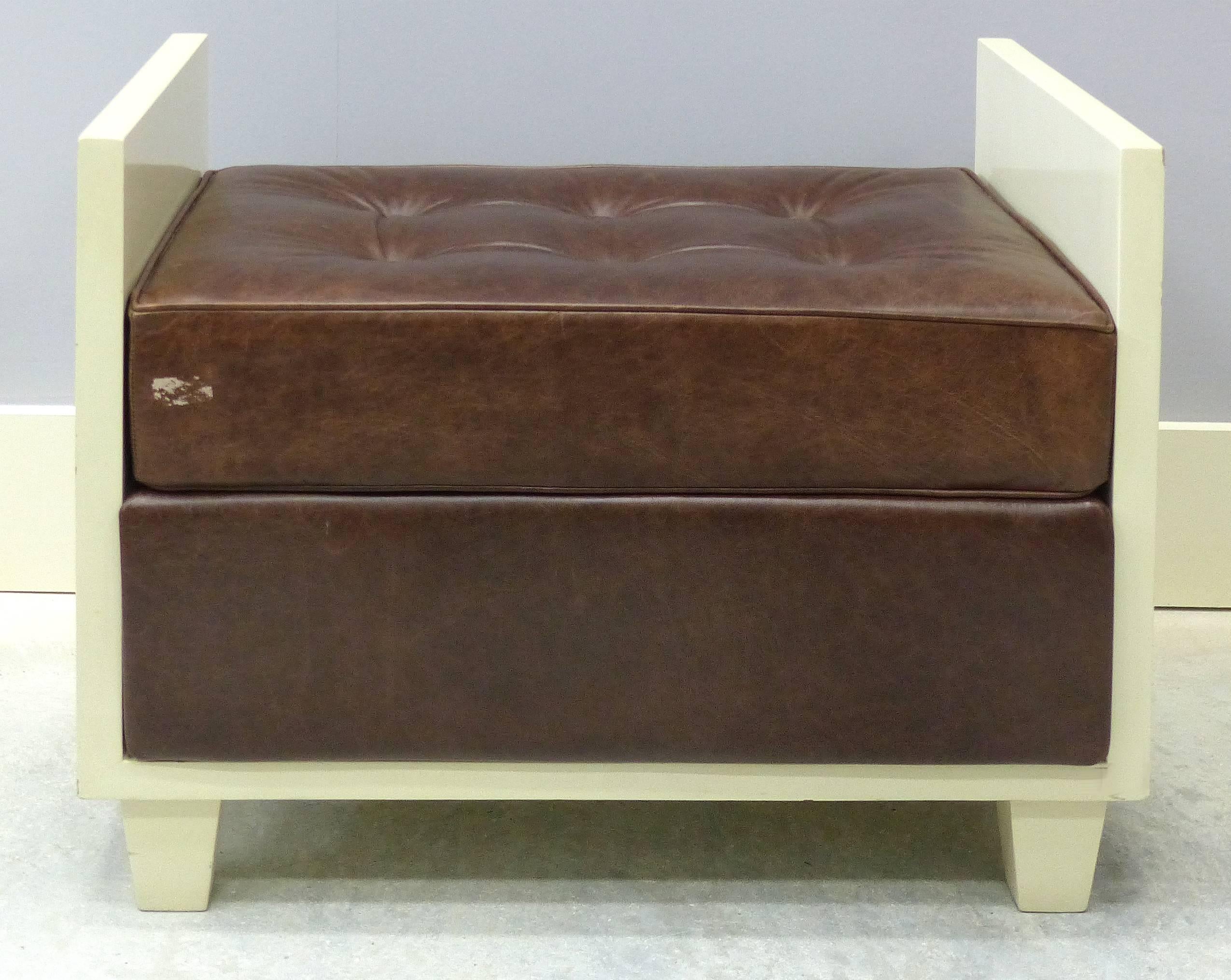 French Chocolate Naugahyde Lacquered Wood Benches, circa 1940