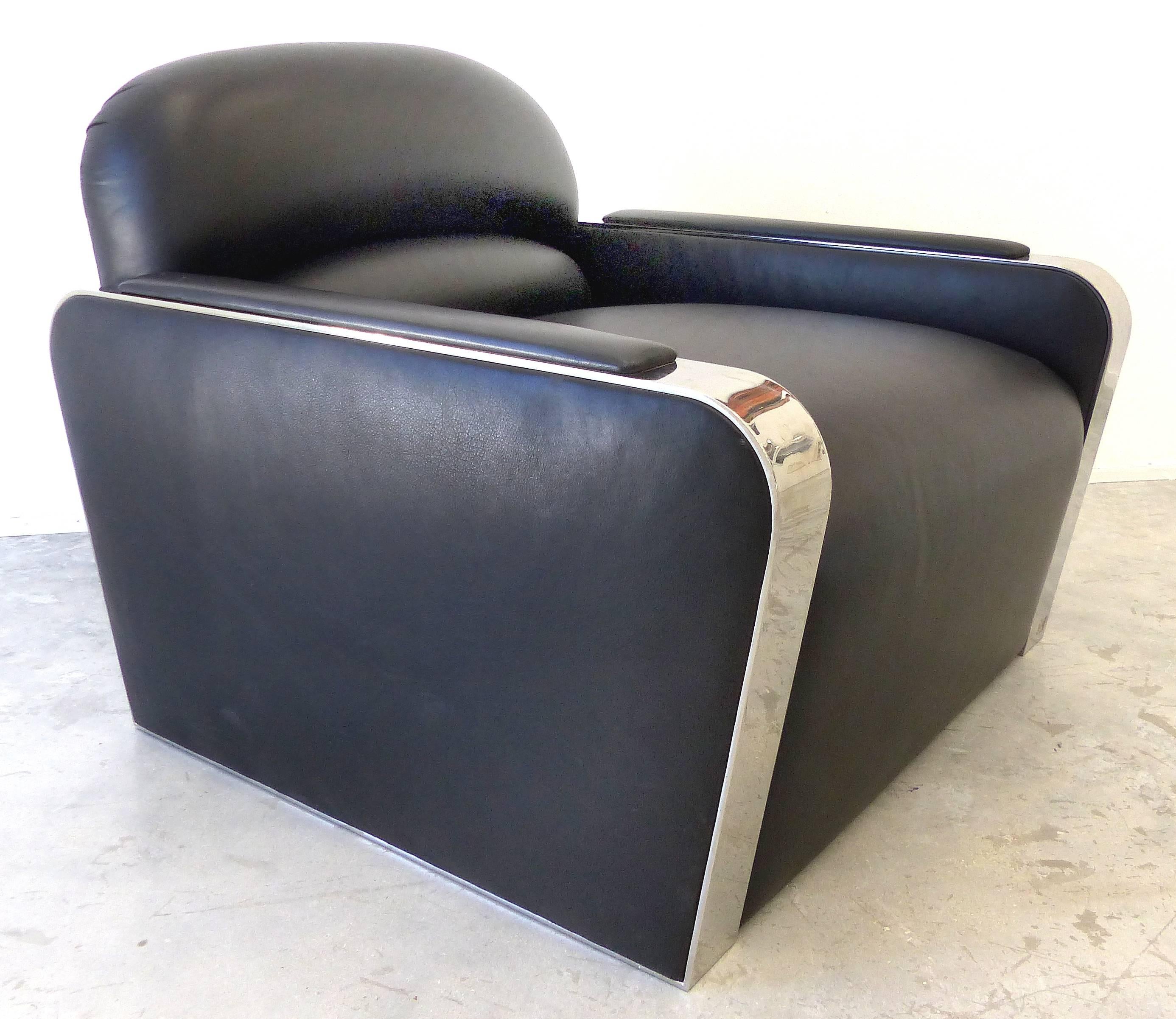 Stanley Jay Friedman for Brueton Stainless and Leather Habana Chairs, Pair

Offered for sale are a substantial and comfortable pair of Art Deco inspired 