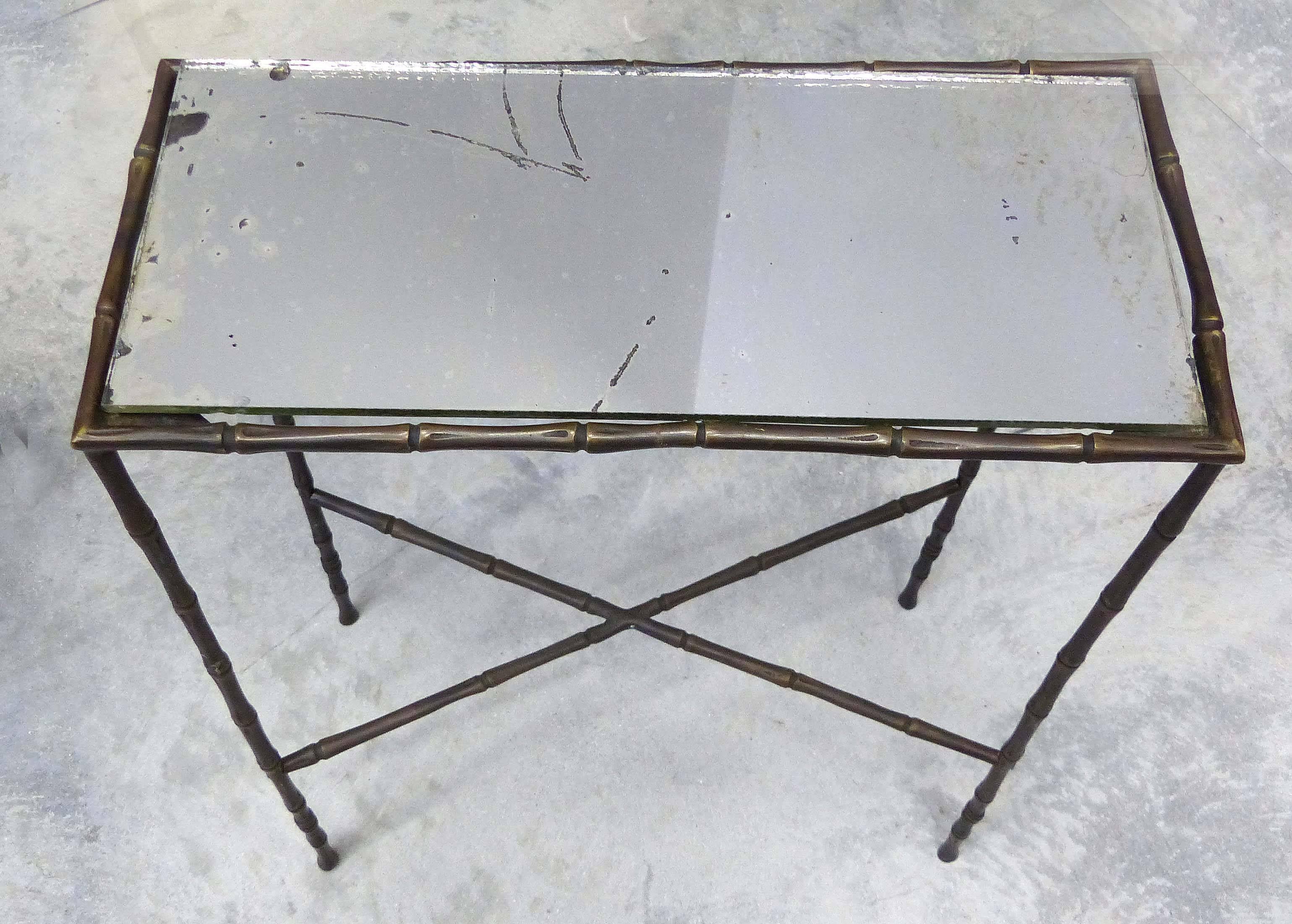French Bronze and Mirrored Faux Bamboo Jansen Tables, circa 1950