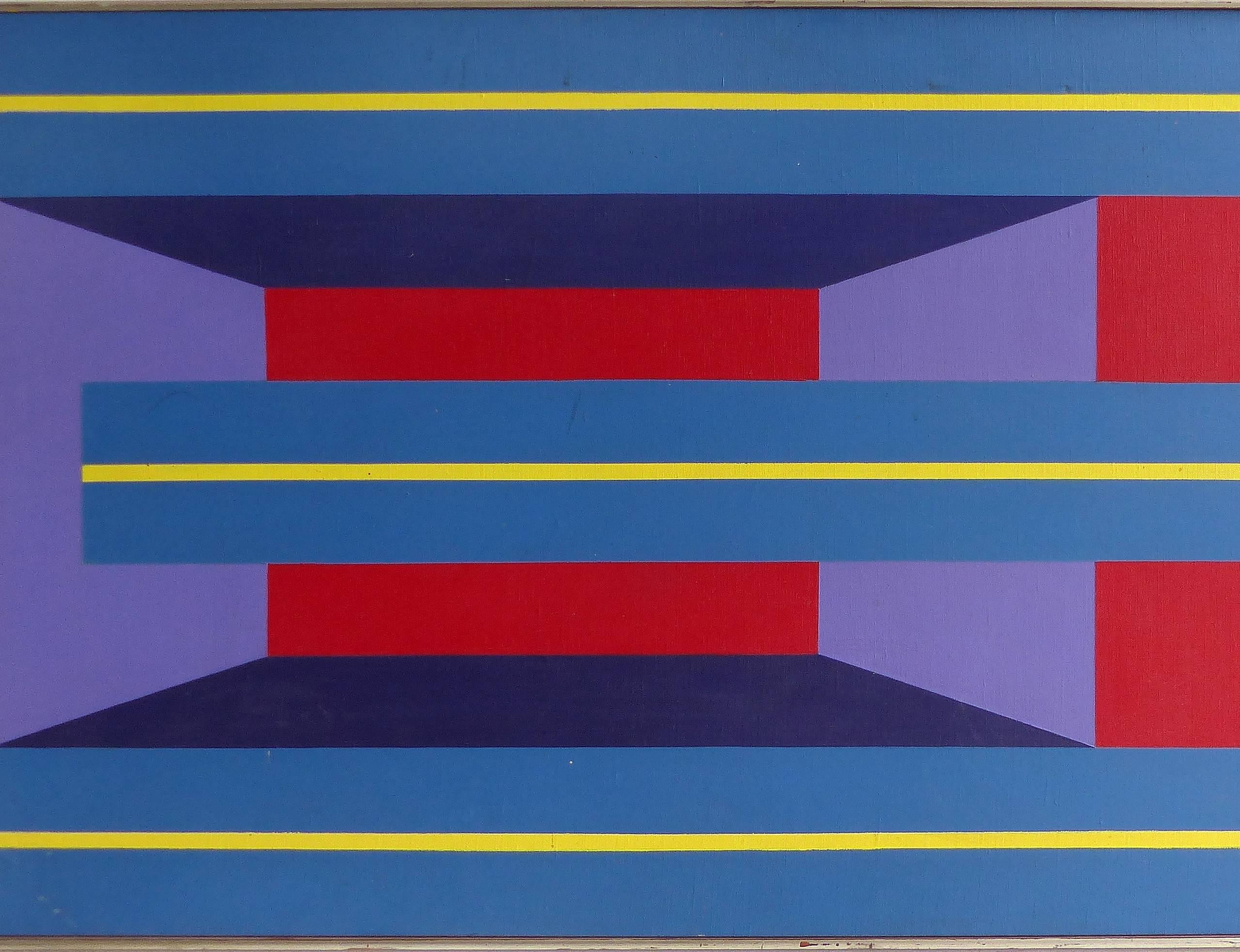 Offered is a 1970s Op Art hard edge oil painting on linen in vivid hues. The painting is unsigned. It is displayed in a silver-gilt applied slat wood frame of the period.