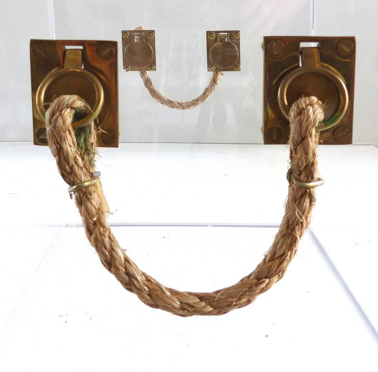 CustomMade Lucite Bench with Rope Handles and Brass Hardware For Sale