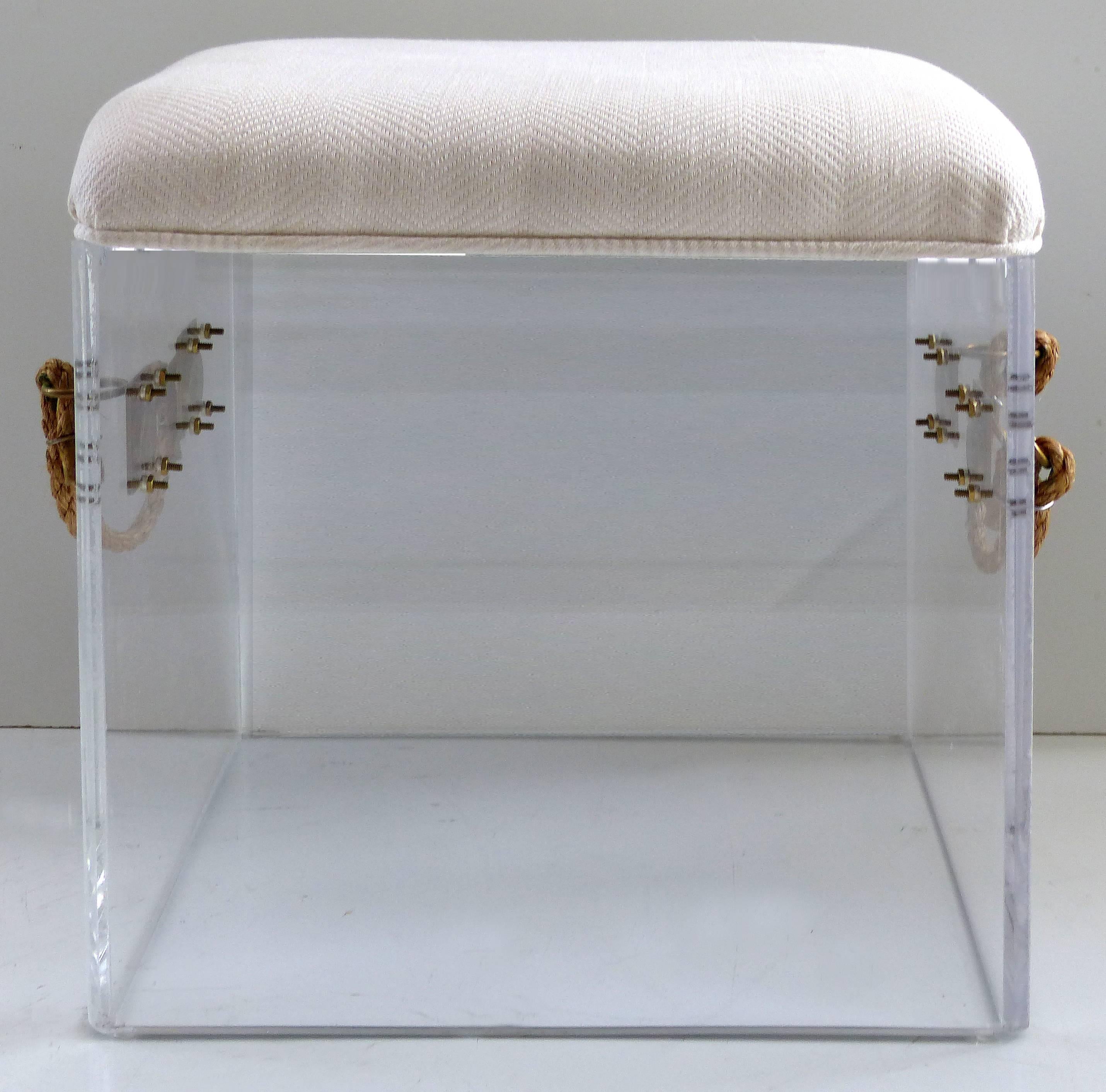 American Custom-Made Lucite Bench with Rope Handles and Brass Hardware
