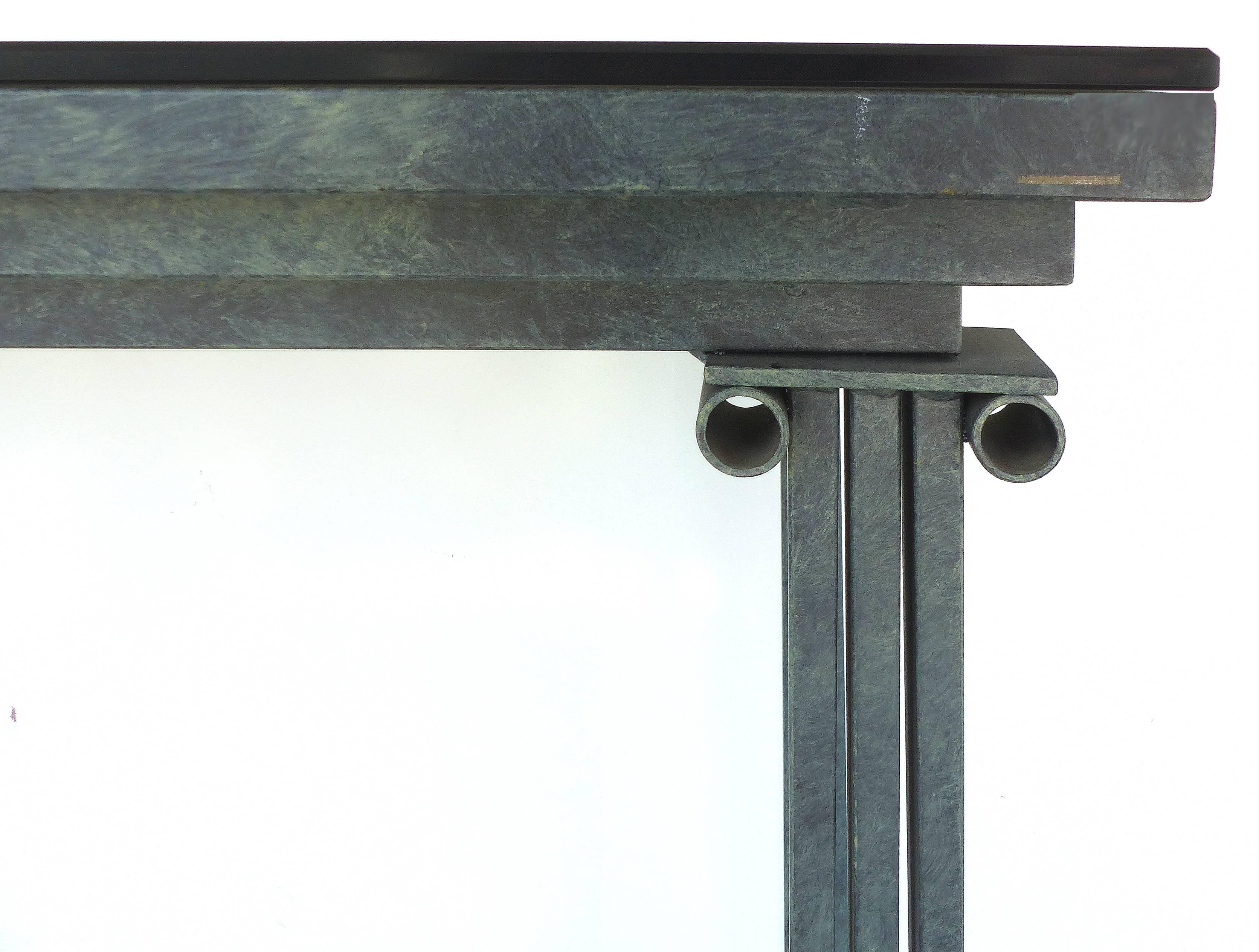 Post Modernist Architectural Console Table with Smoked Glass & Verdigris Finish In Excellent Condition In Miami, FL