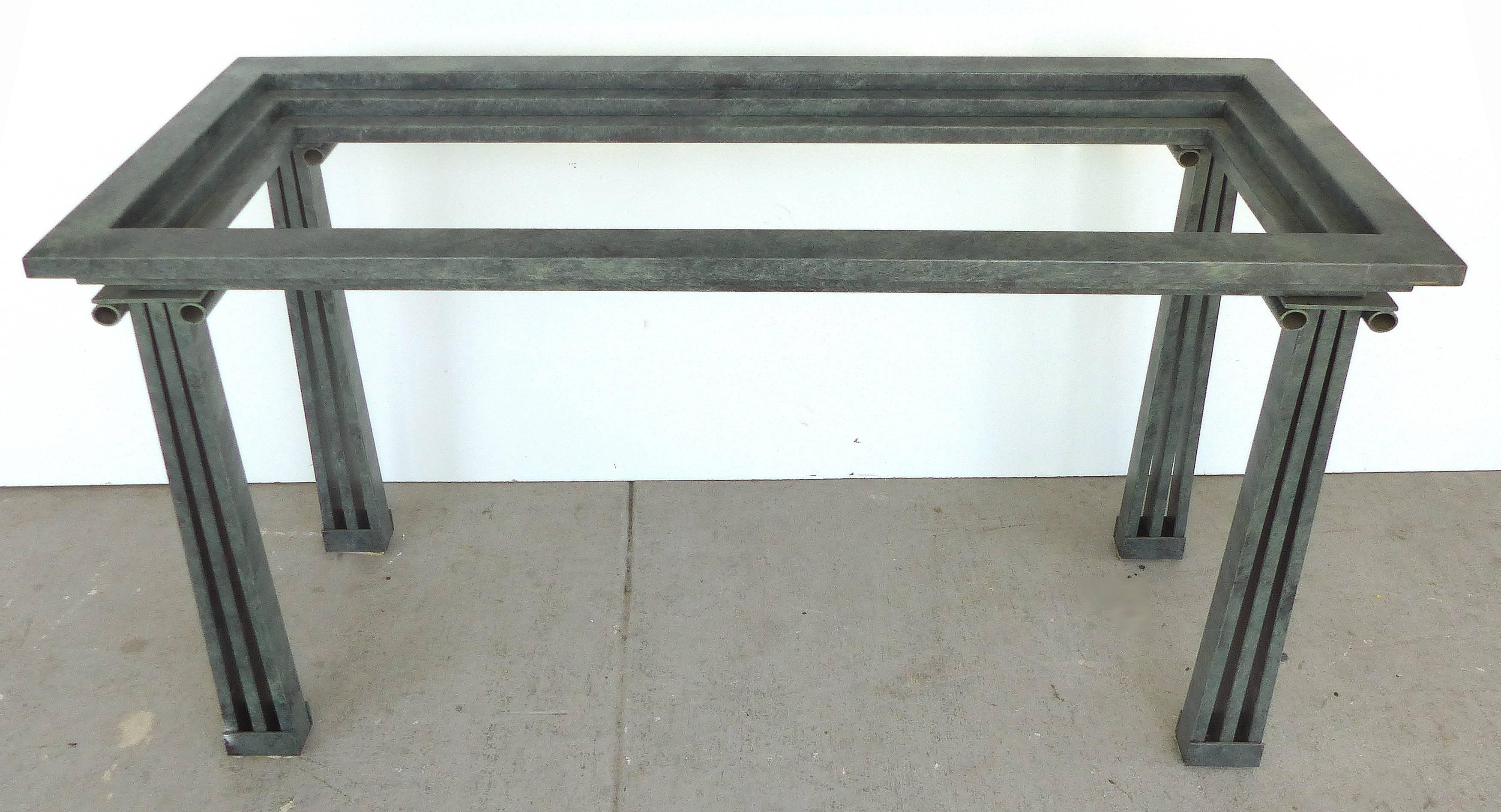 Metal Post Modernist Architectural Console Table with Smoked Glass & Verdigris Finish