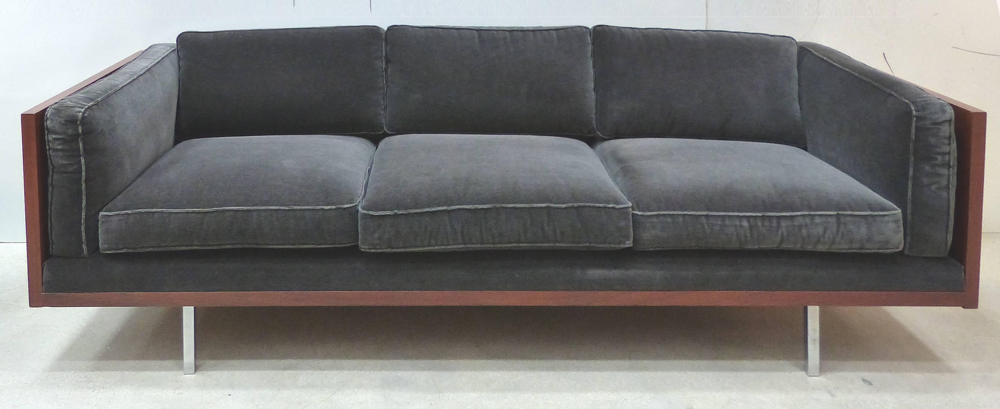 Milo Baughman Attributed Mid-Century Modern Wood Tuxedo Sofa 

Offered for sale is a Mid-Century Modern wood tuxedo sofa supported by chrome feet. It has been nicely reupholstered in a charcoal mohair velvet fabric. Often attributed to Milo Baughman