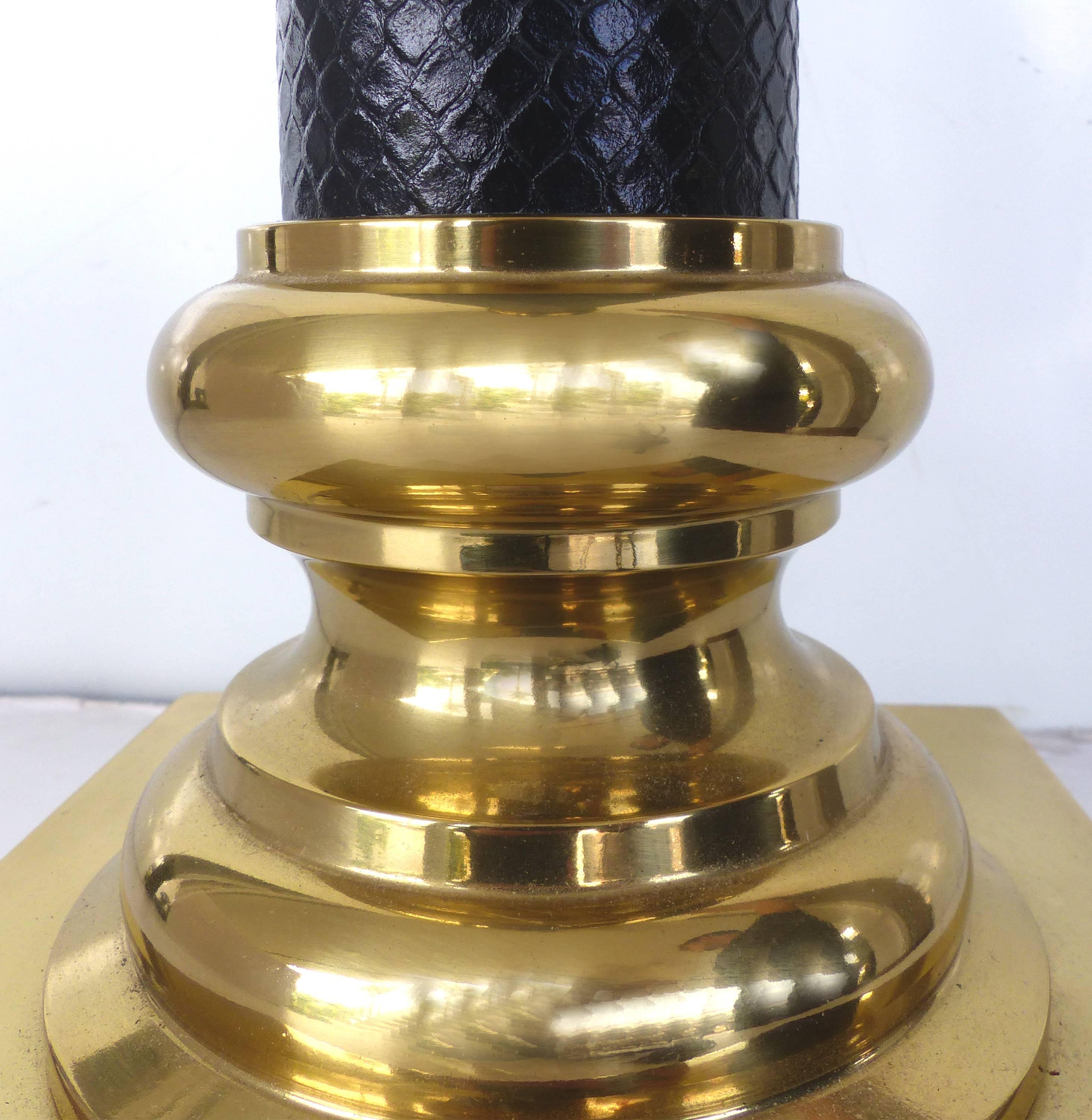 Embossed Fine Quality Pair of Stiffel Brass and Leather Classical Column Table Lamps