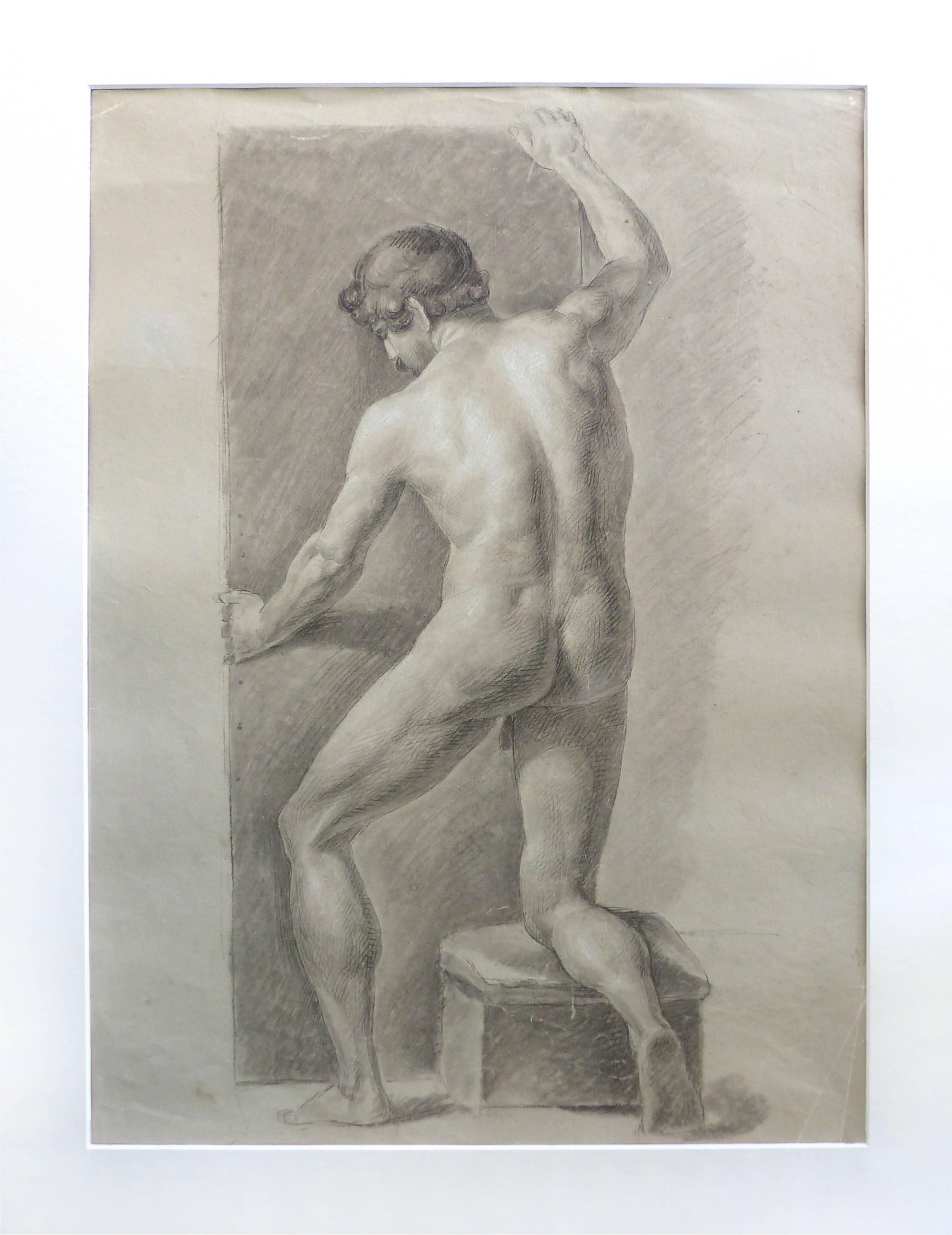 Late 18th Century Graphite and Pastel Drawing of a Male Nude Artist Study

Offered for sale is an 18th century graphite and pastel drawing on paper of a standing male nude artist study. The drawing is loose and is unsigned. The drawing shows age