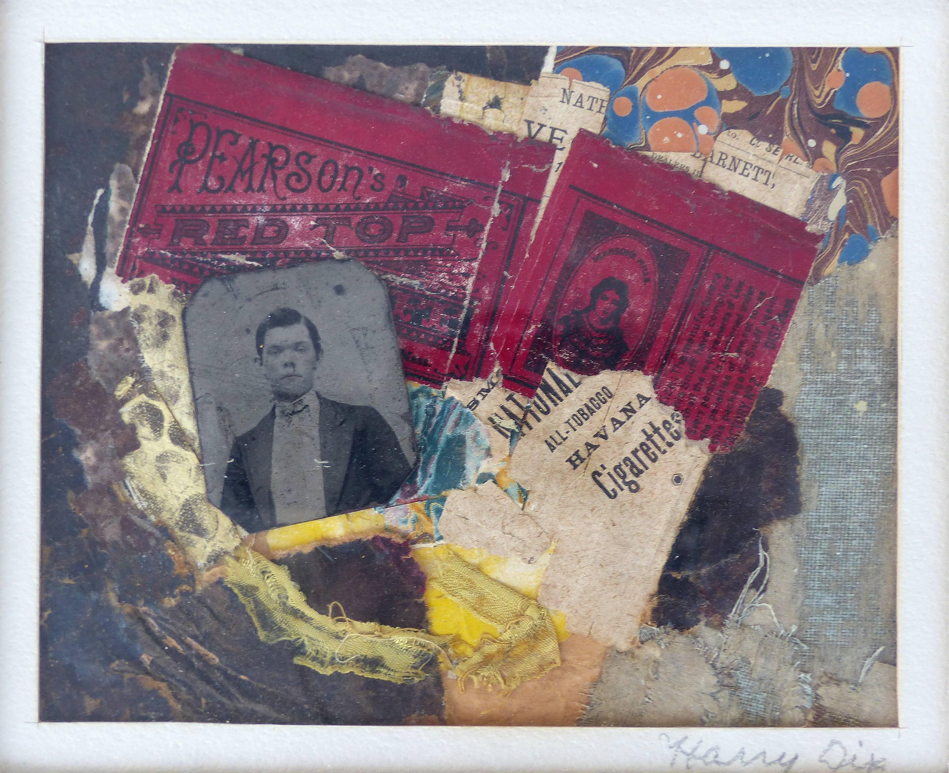 Collage with Tintype by American artist Harry Dix

Offered for sale is a rare and fine collage by important 20th century American artist Harry Dix (1908-1968) which retains original gallery label from Bertha Schaefer gallery in New York and the