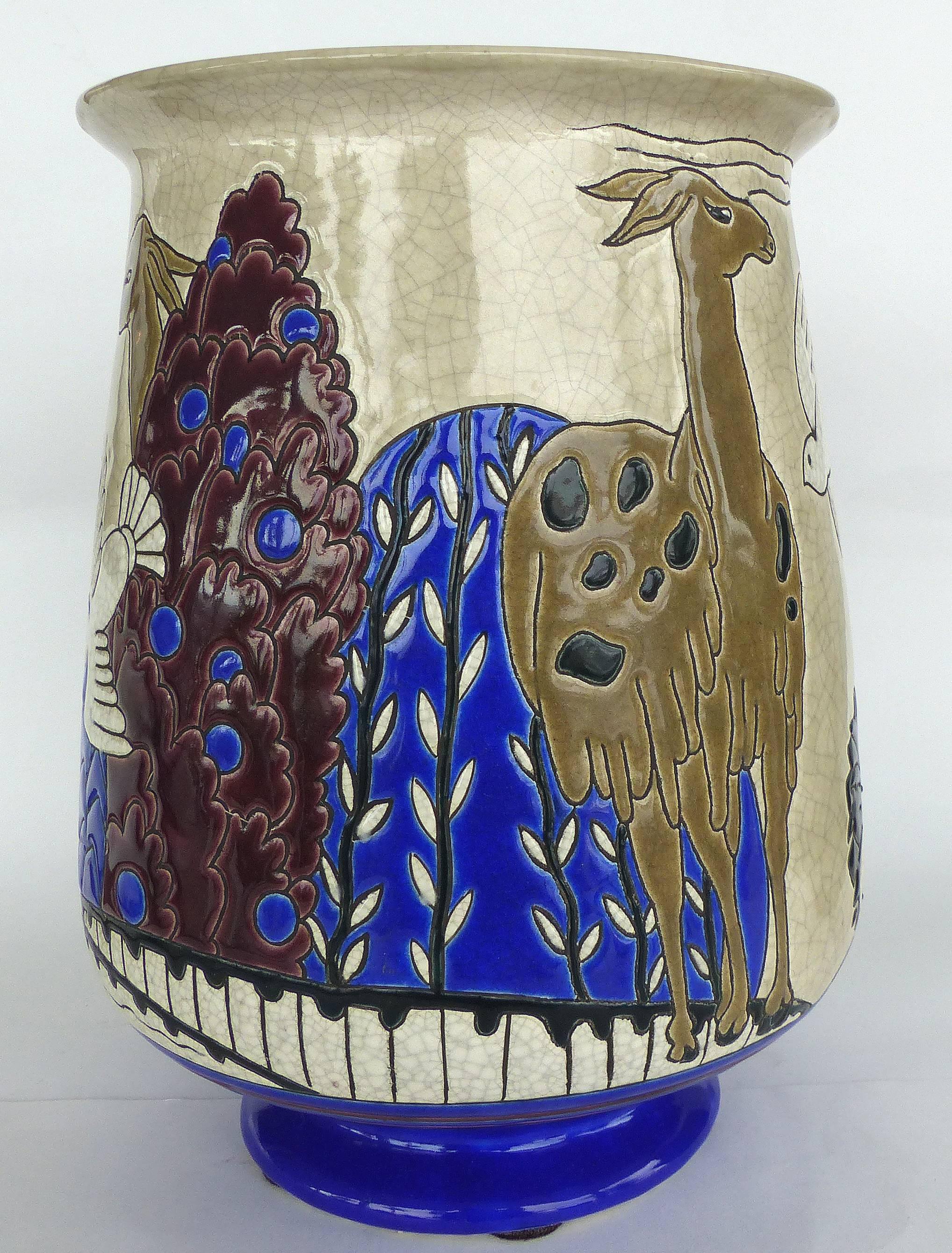 Longwy Primavera Art Deco Tulip Vase, circa 1930, France

Offered for sale is a striking example of a French Art Deco Longwy Primavera tulip form vase, circa 1925-1930 of glazed enamels on an incised ceramic clay form depicting llamas and birds. In
