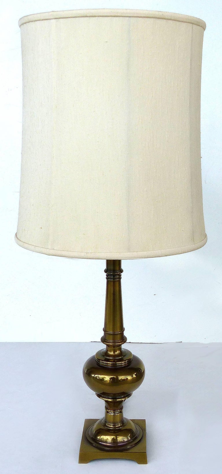 Pair of Stiffel Brass Table Lamps with Original Stiffel Shades For Sale 3