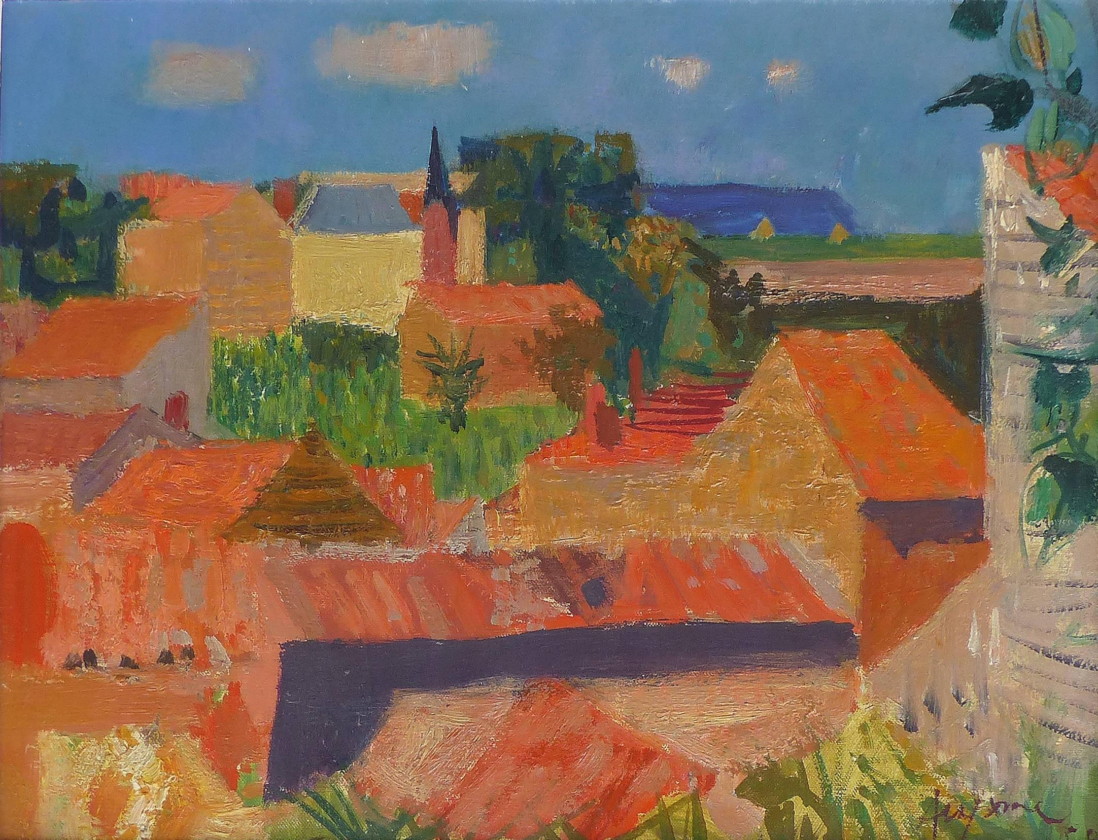 Jean Claude Aujume 1959 Midcentury Oil Painting of a French Landscape 

Offered for sale is an oil on linen canvas landscape painting by the French artist Jean Claude Aujame created in 1959. The artist used a palette of clean and bright color with