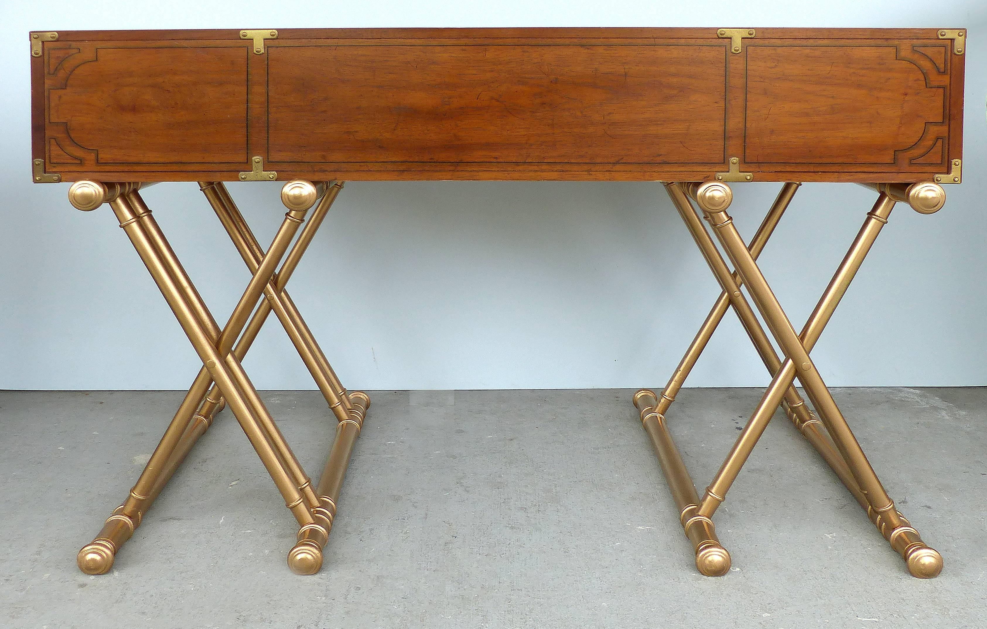 Brass Campaign Style Desk with Tambour Doors on Crossed Wood Bases by John Van Koert