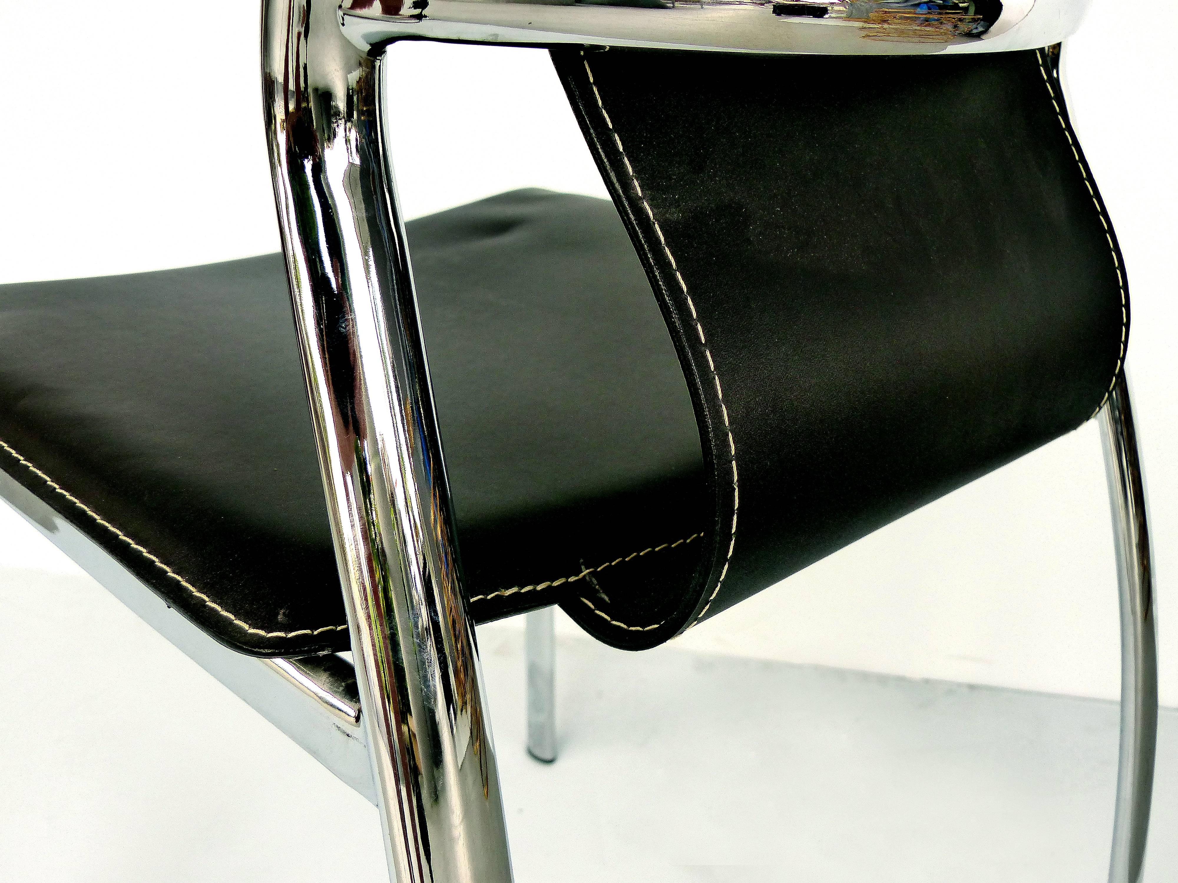 Chrome and Leather Side Chairs with Contrasting White Stitching 1