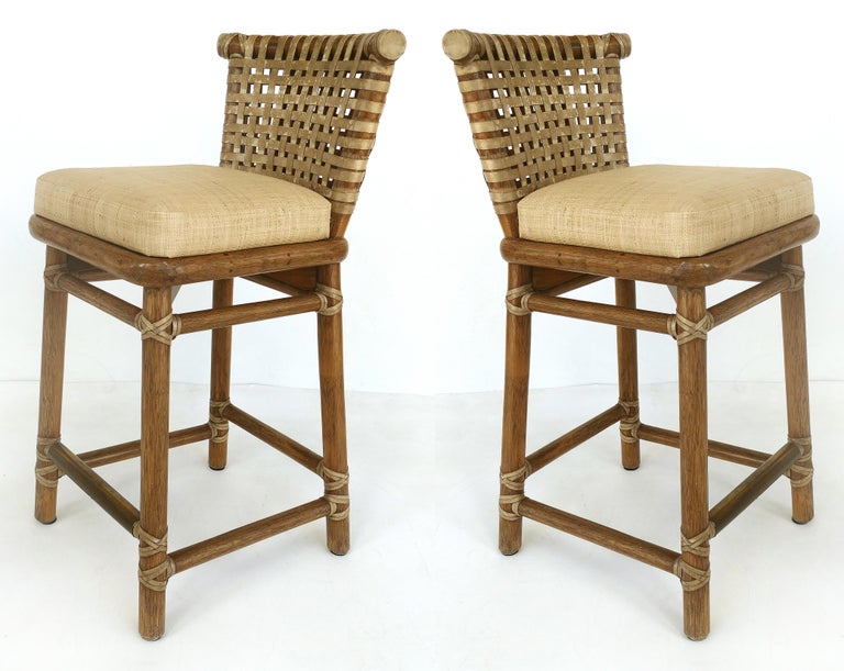McGuire San Francisco Leather Bound Counter Stools with Raffia Upholstered Seats For Sale at 1stdibs