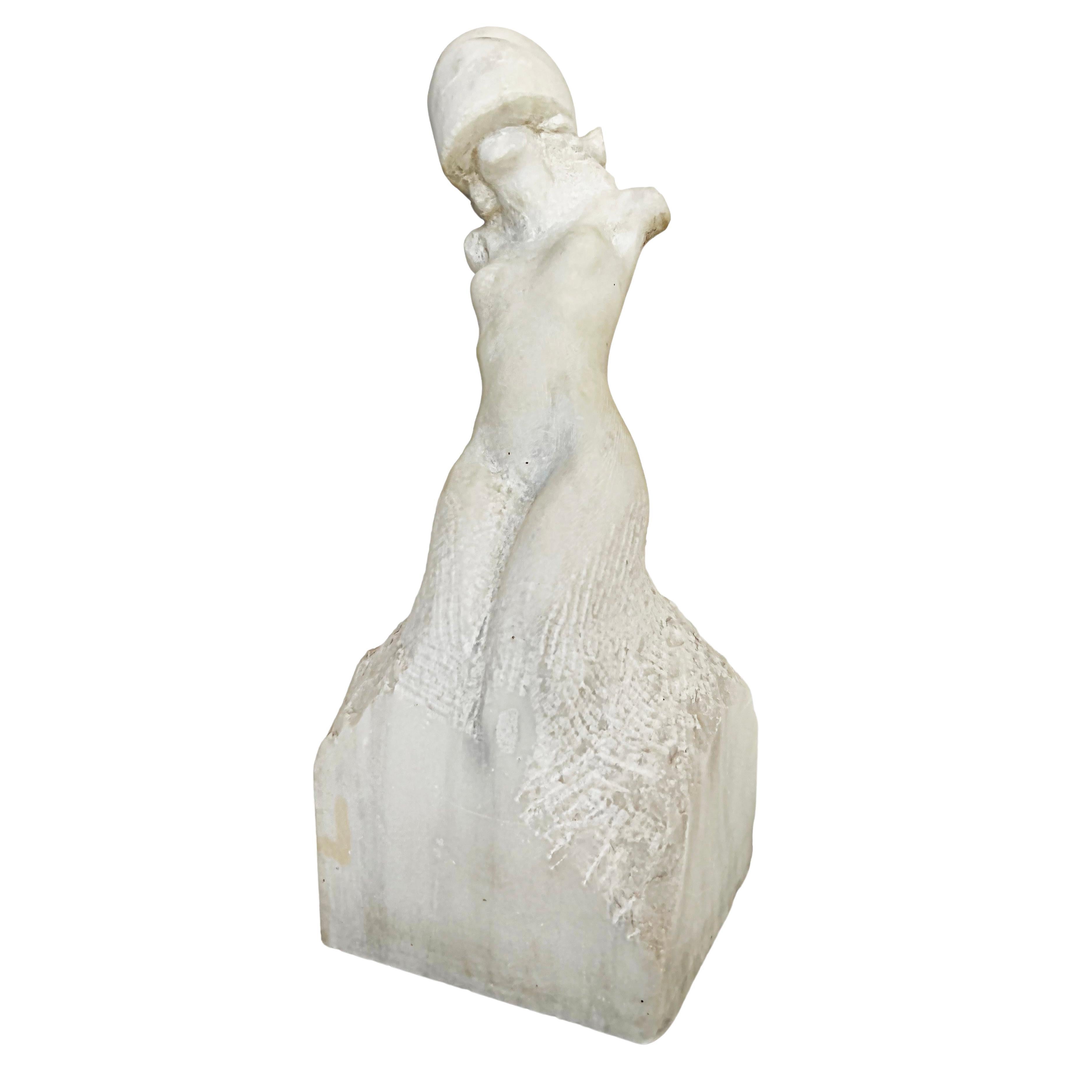 Hand-Carved Classical Nude Marble Sculpture with Art Deco Helmet