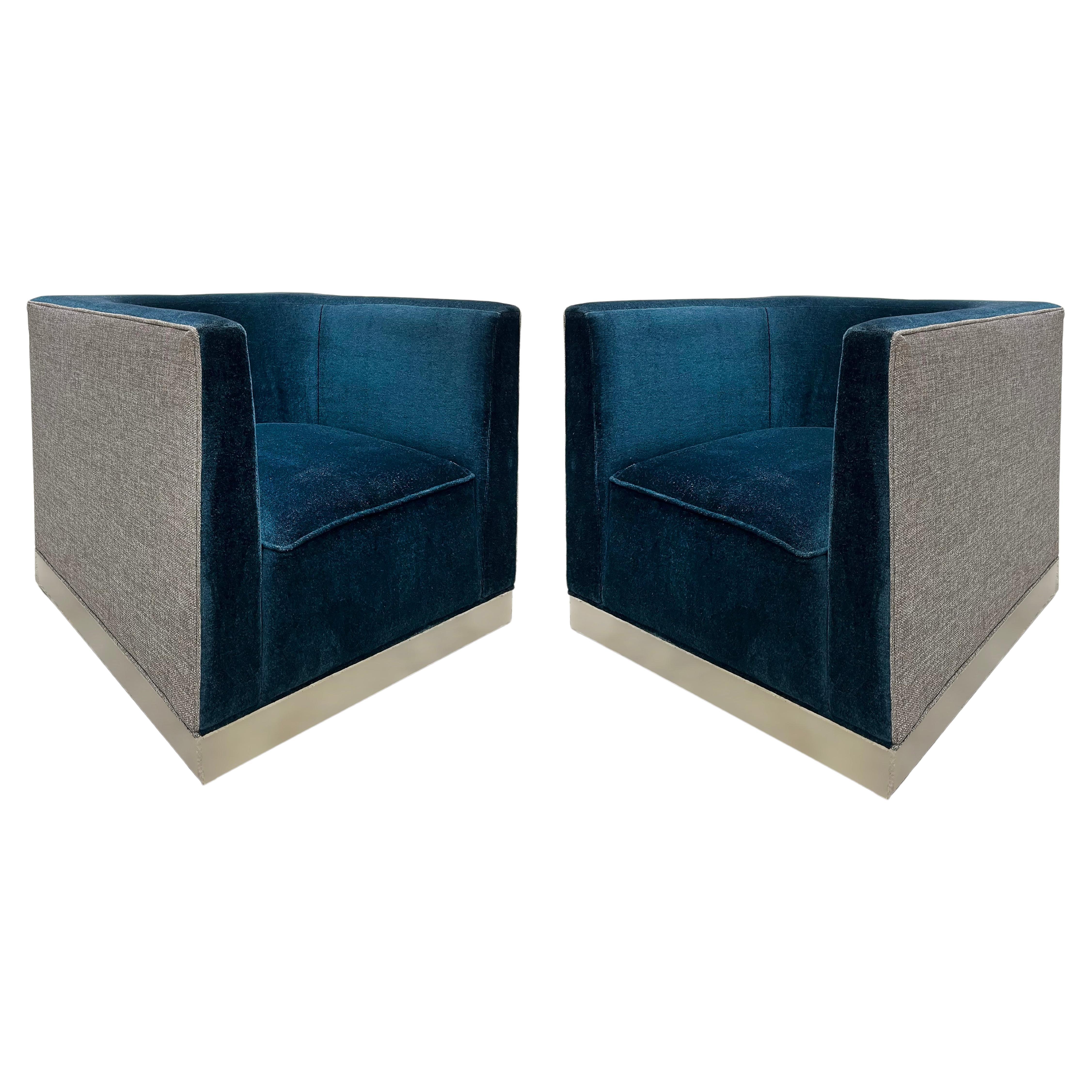 Modernist Club Chairs, Scalamandre Silk Mohair, Chrome, Linen Pair