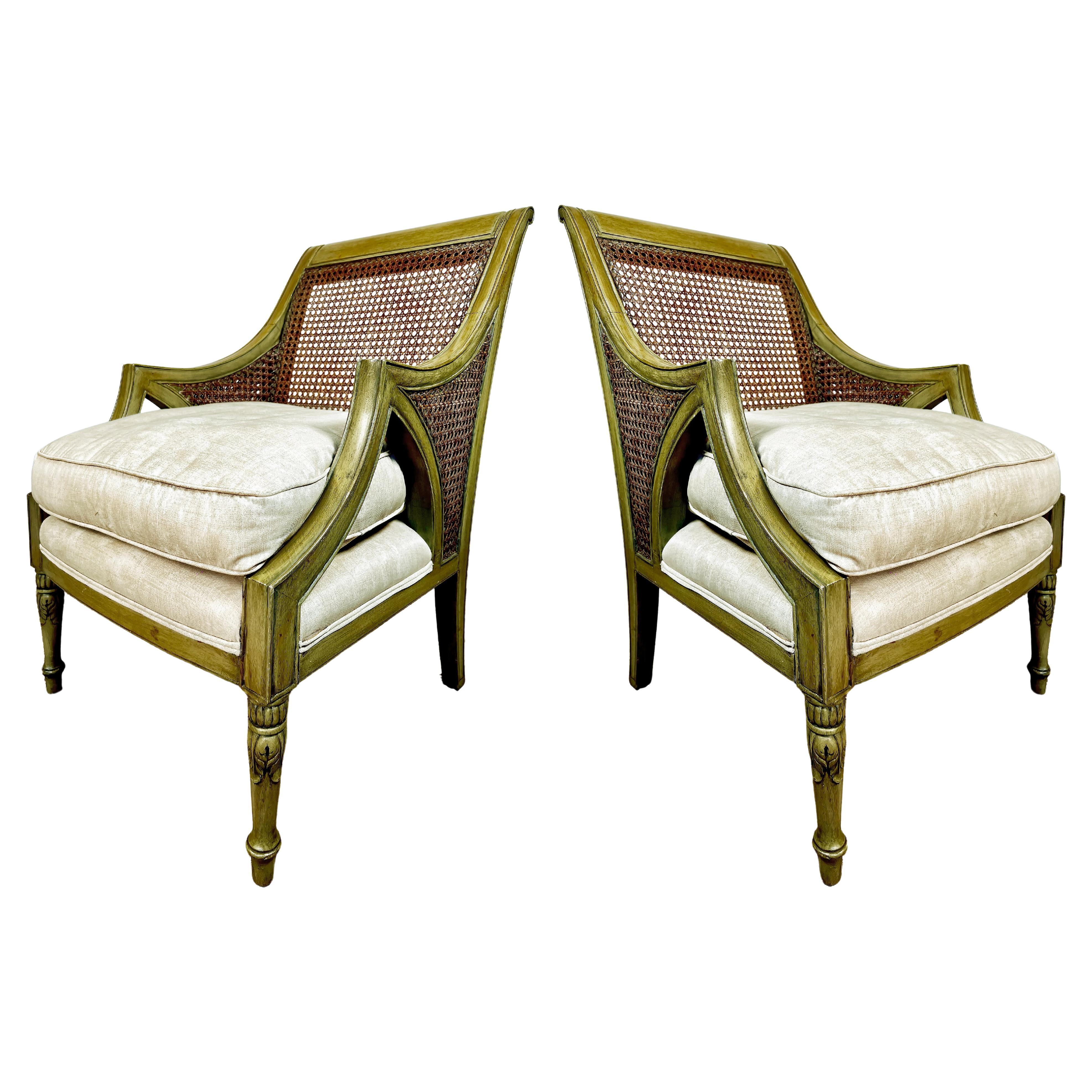 French Caned Painted Bergere Chairs Louis XVI Style, Loose Seat Cushions Pair For Sale