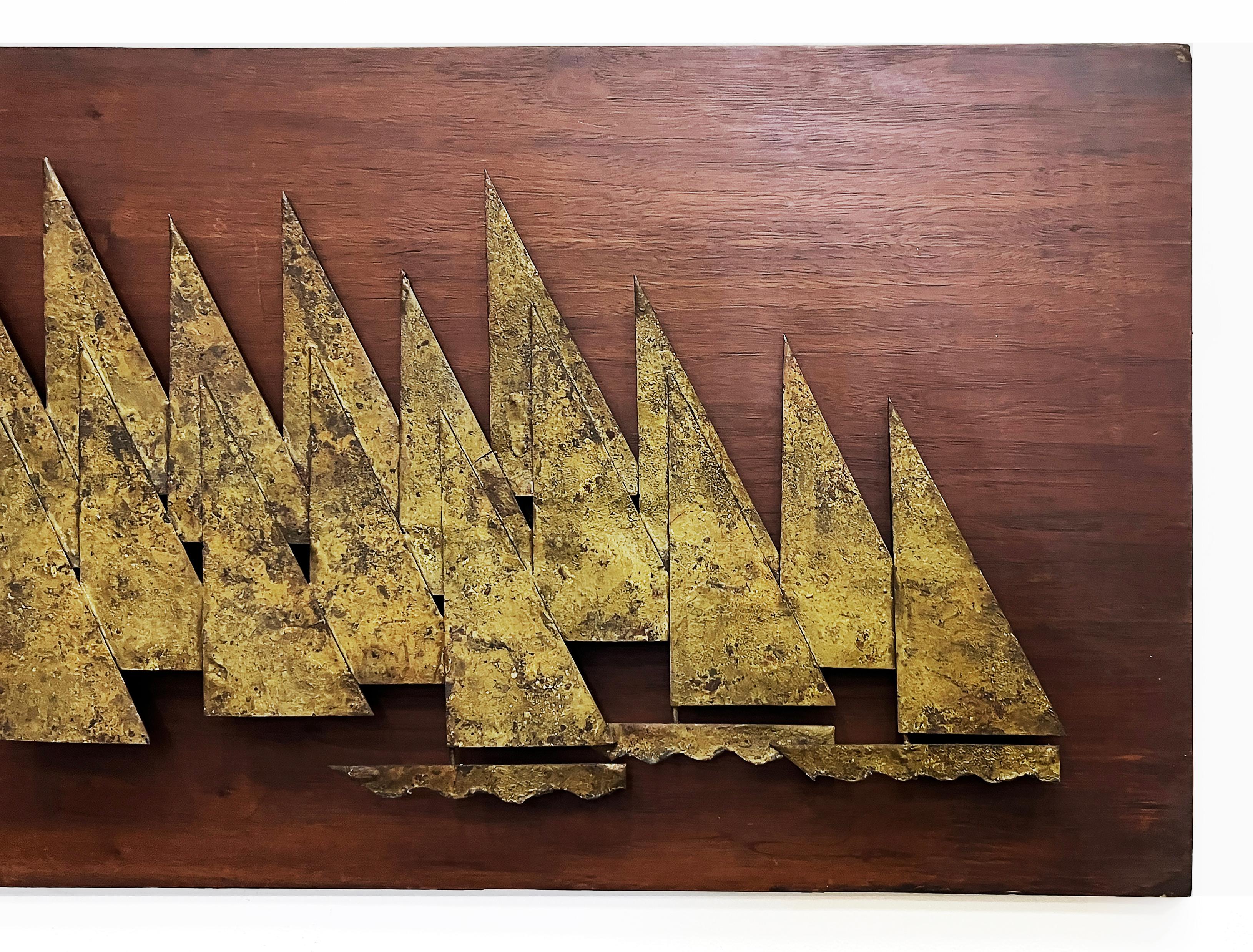 American Overscale 1960s Peter Pepper Brass Sail Boats Wall Sculpture on Wood For Sale