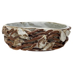 Vintage Studio Pottery Catchall Bowl with Twigs and Leaves