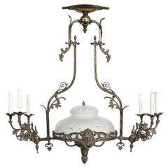 Antique Late 19th Century Neoclassical Style Ornate Bronze Chandelier With Glass Shade