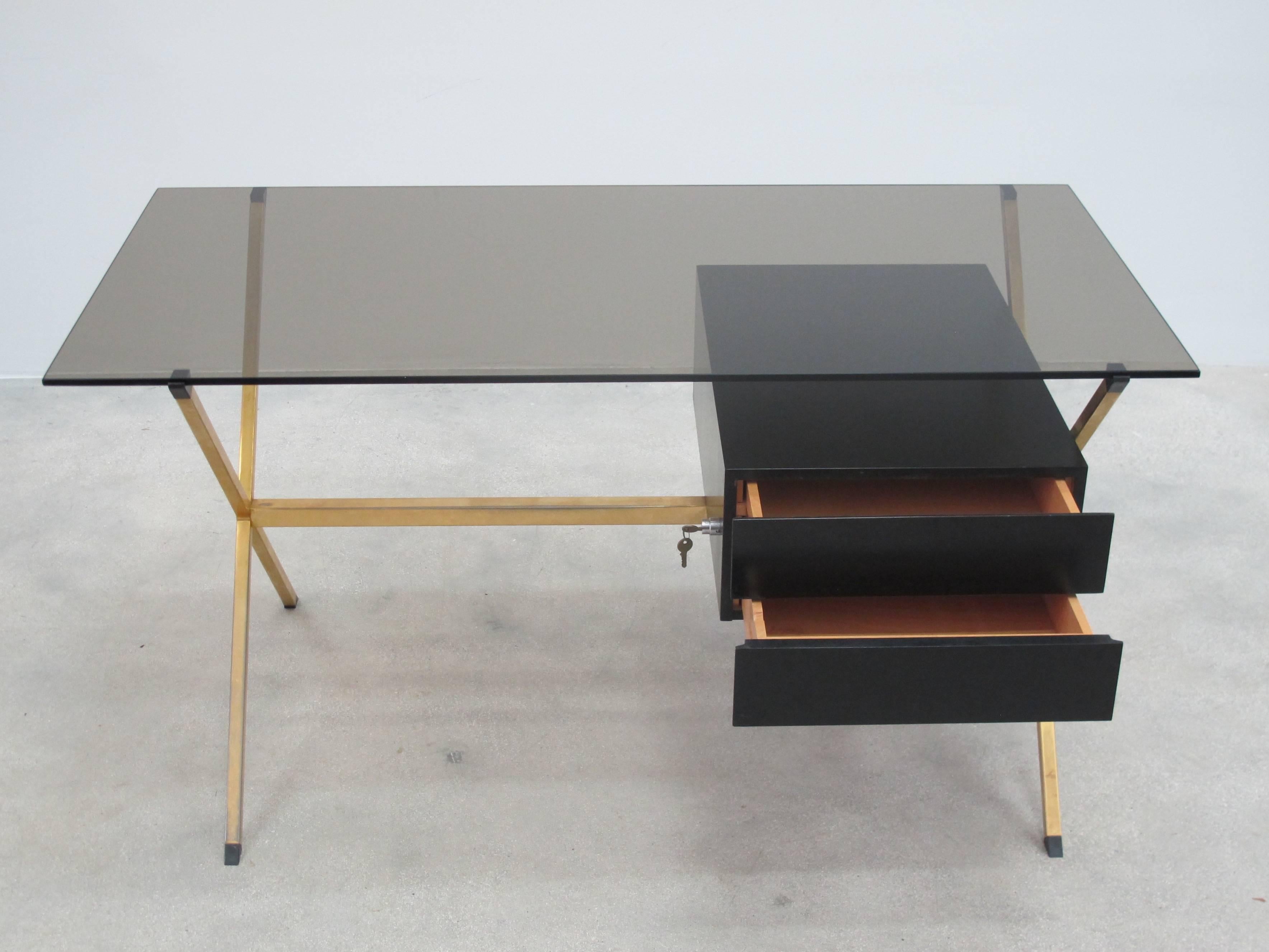 Mid-Century Modern 1970 Franco Albini Brass and Ebonized Wood Desk for Knoll