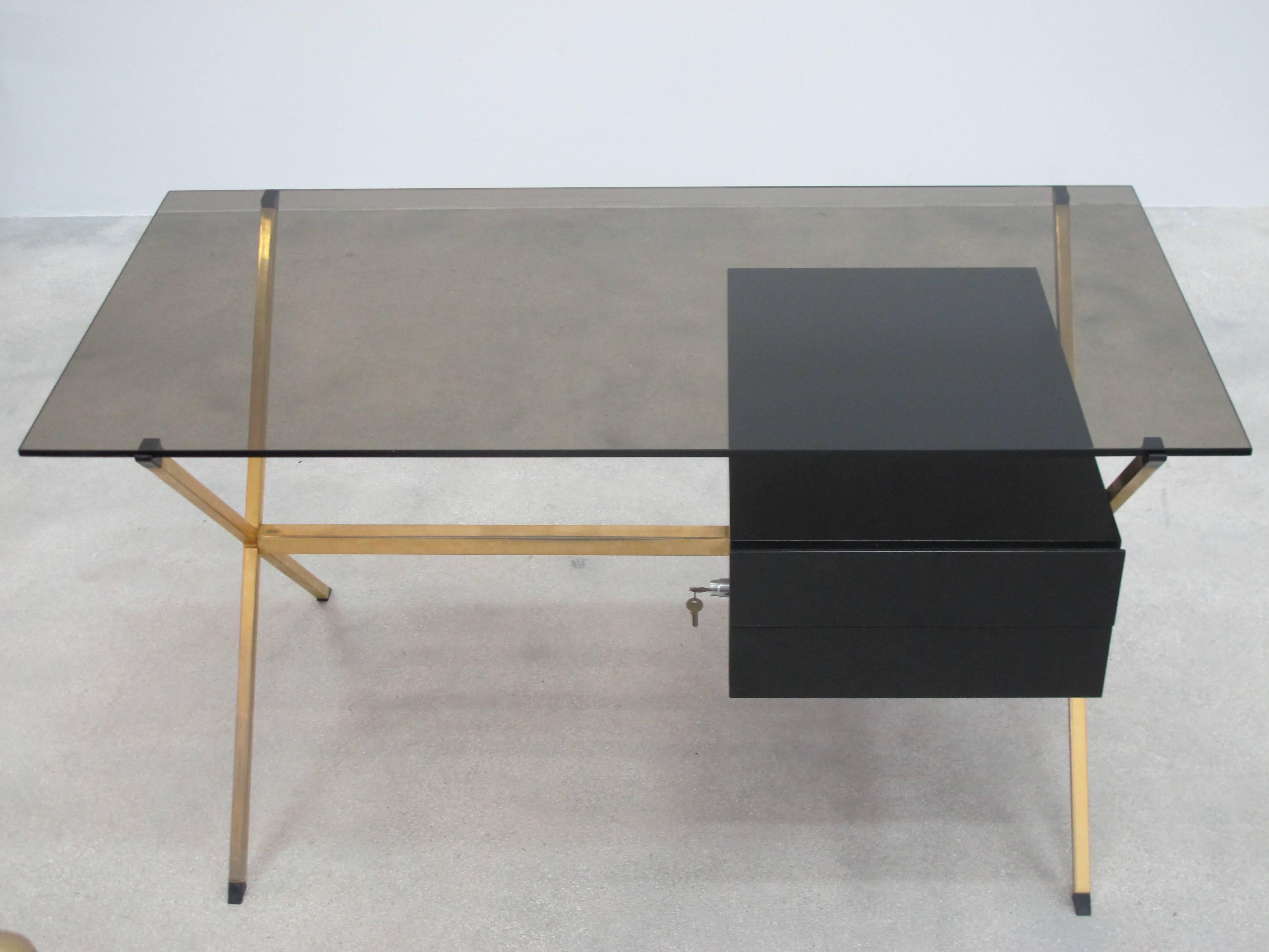 Italian 1970 Franco Albini Brass and Ebonized Wood Desk for Knoll