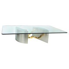 Monumental Brushed Stainless Steel, Brass, Glass Coffee Table Brueton Attributed